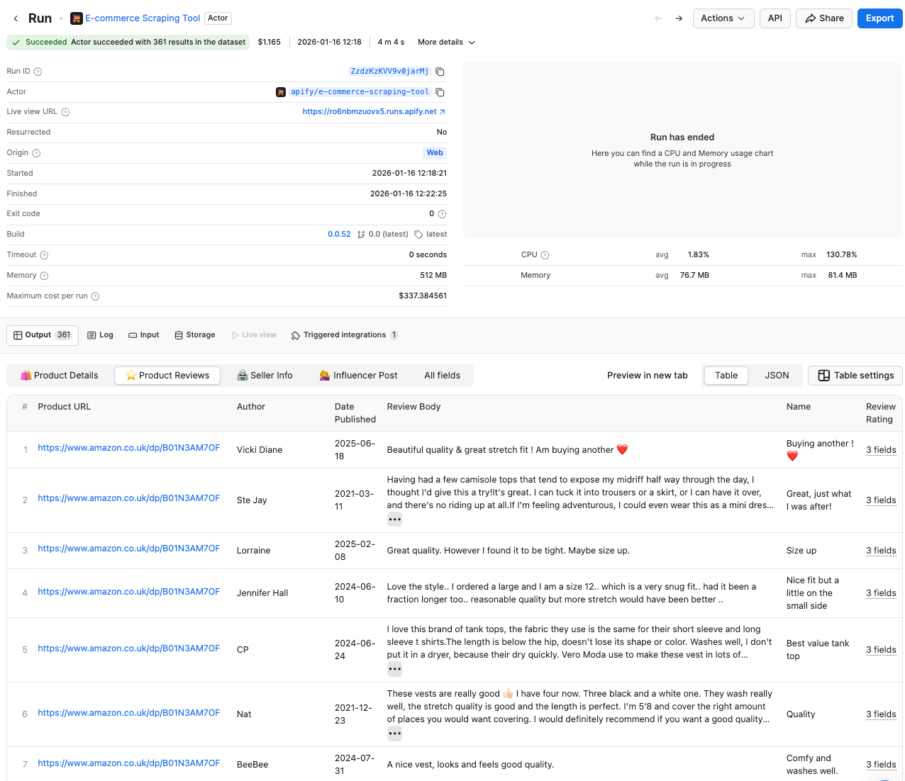 E-commerce Scraping Tool data preview 