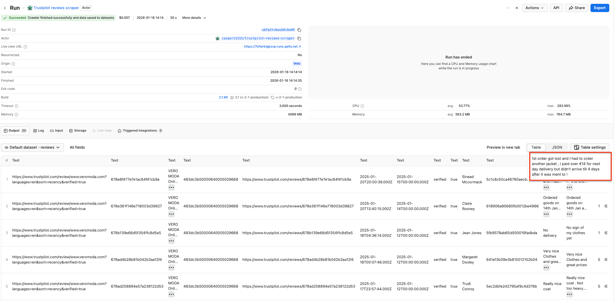 Scraped reviews in Google Sheets