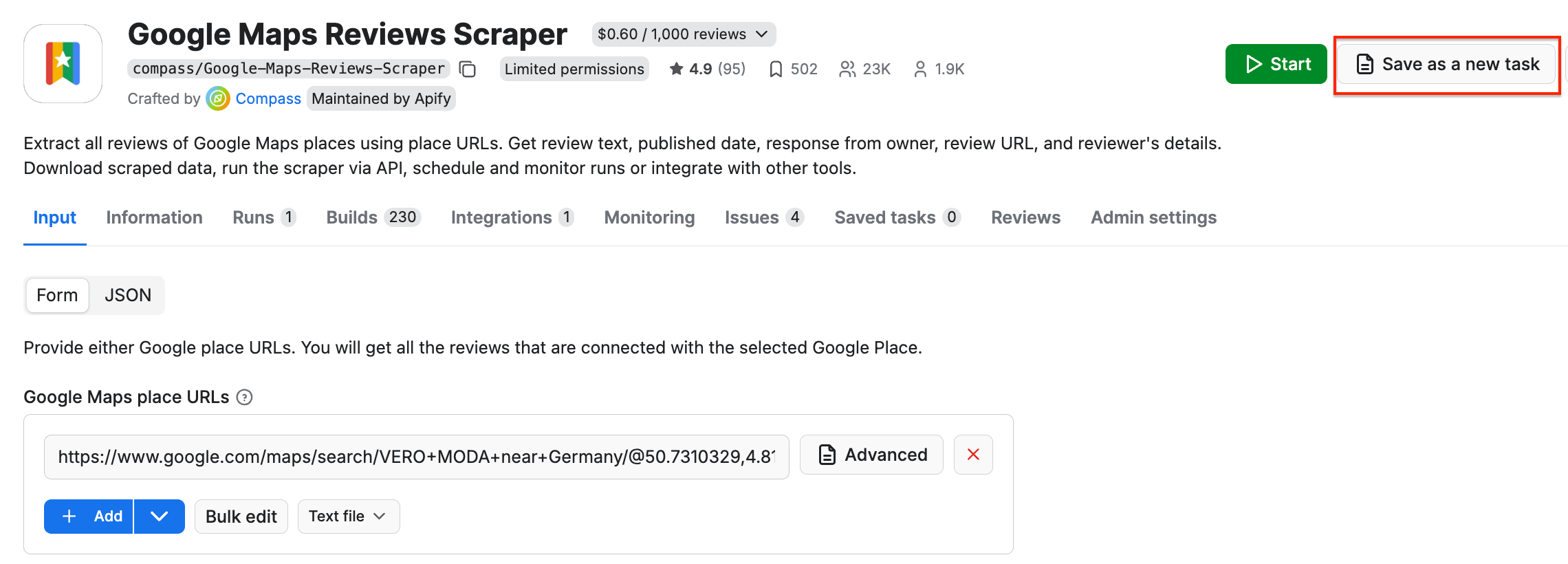 Scheduling a scraping run for Google Maps Reviews Scraper 