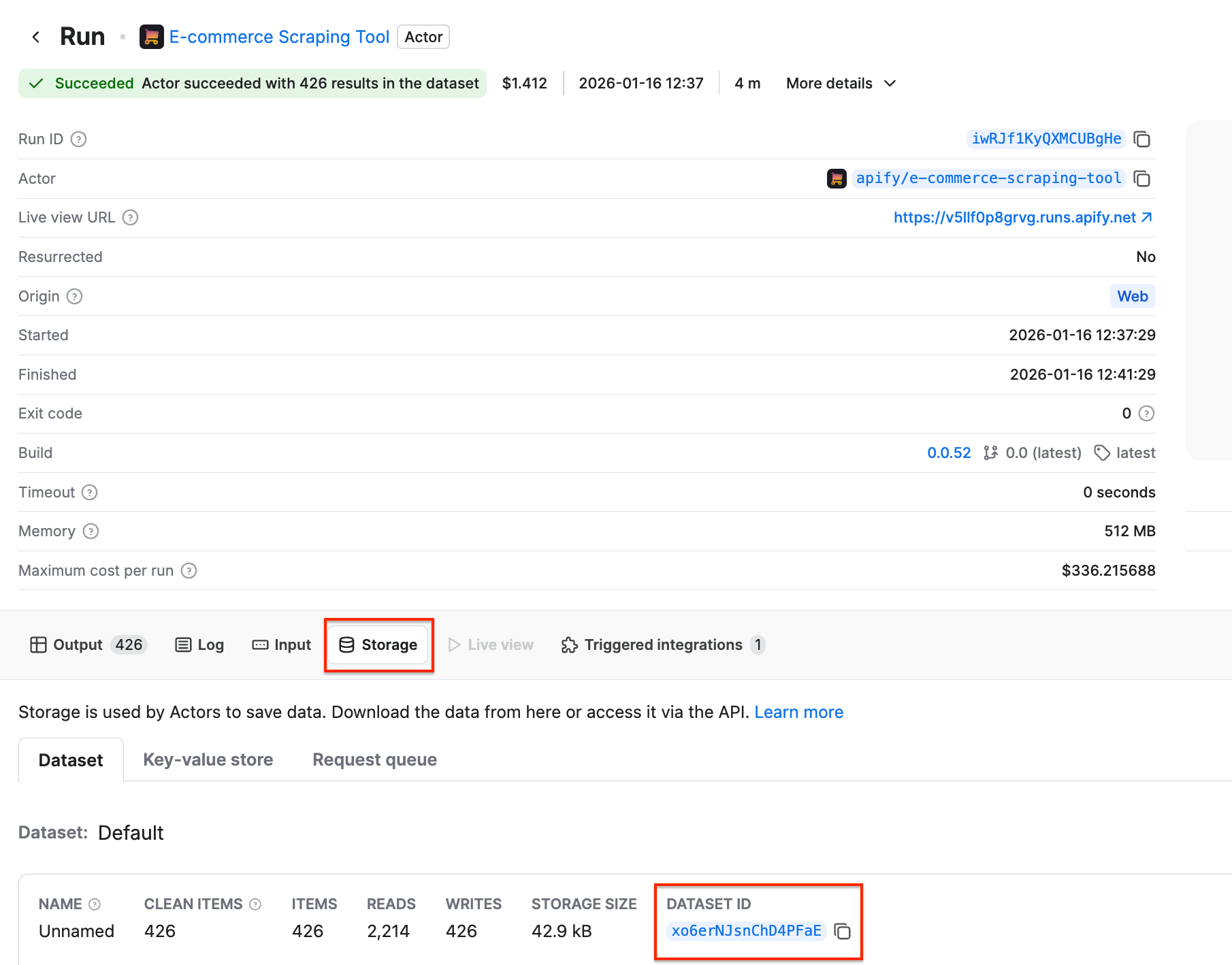 Storage and dataset ID in Apify Console