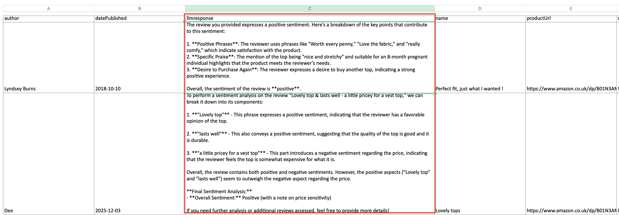 LLM response in a spreadsheet 