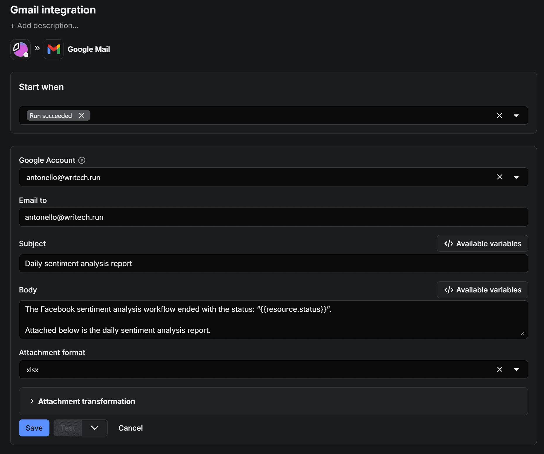 Filling out the form to complete the integration
