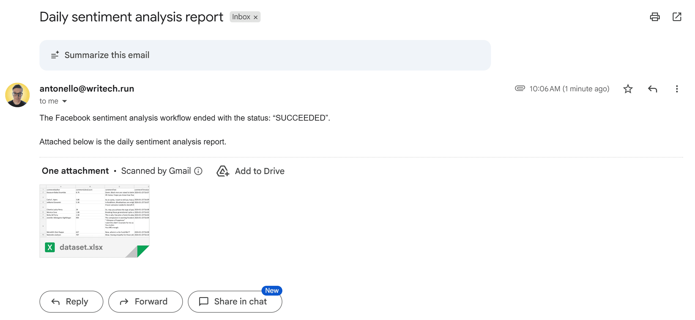 The email has the configured body, together with a dataset.xlsx attachment