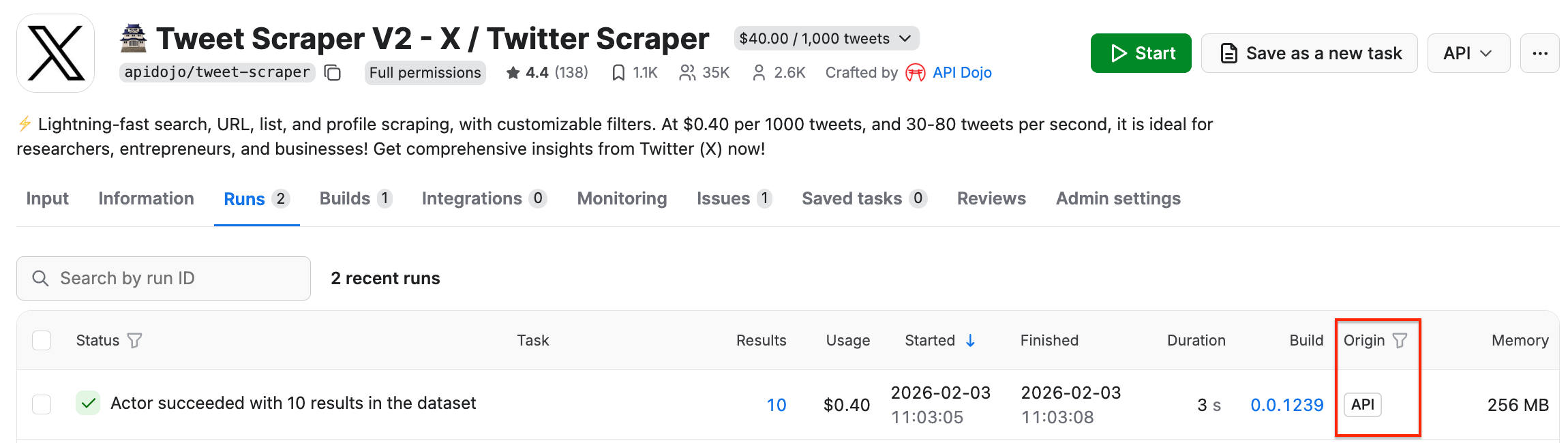 Successful run via API