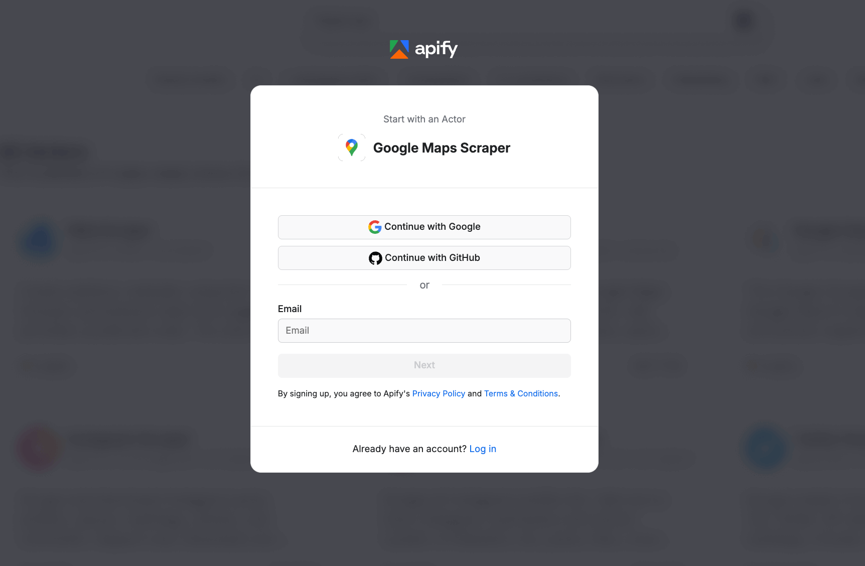 Apify Console - sign up page