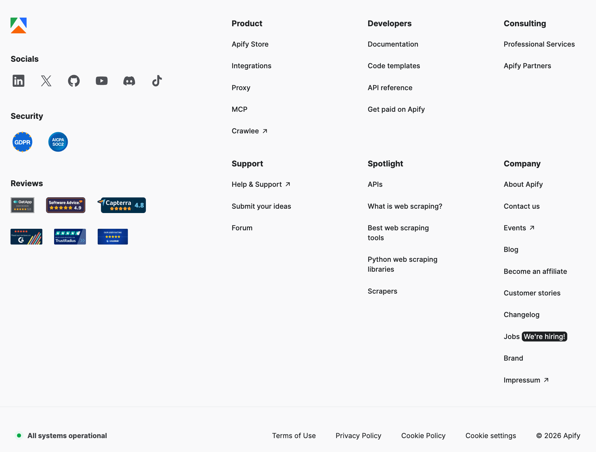 Apify's terms of use are browsewrap agreements for visitors because they're in our footer