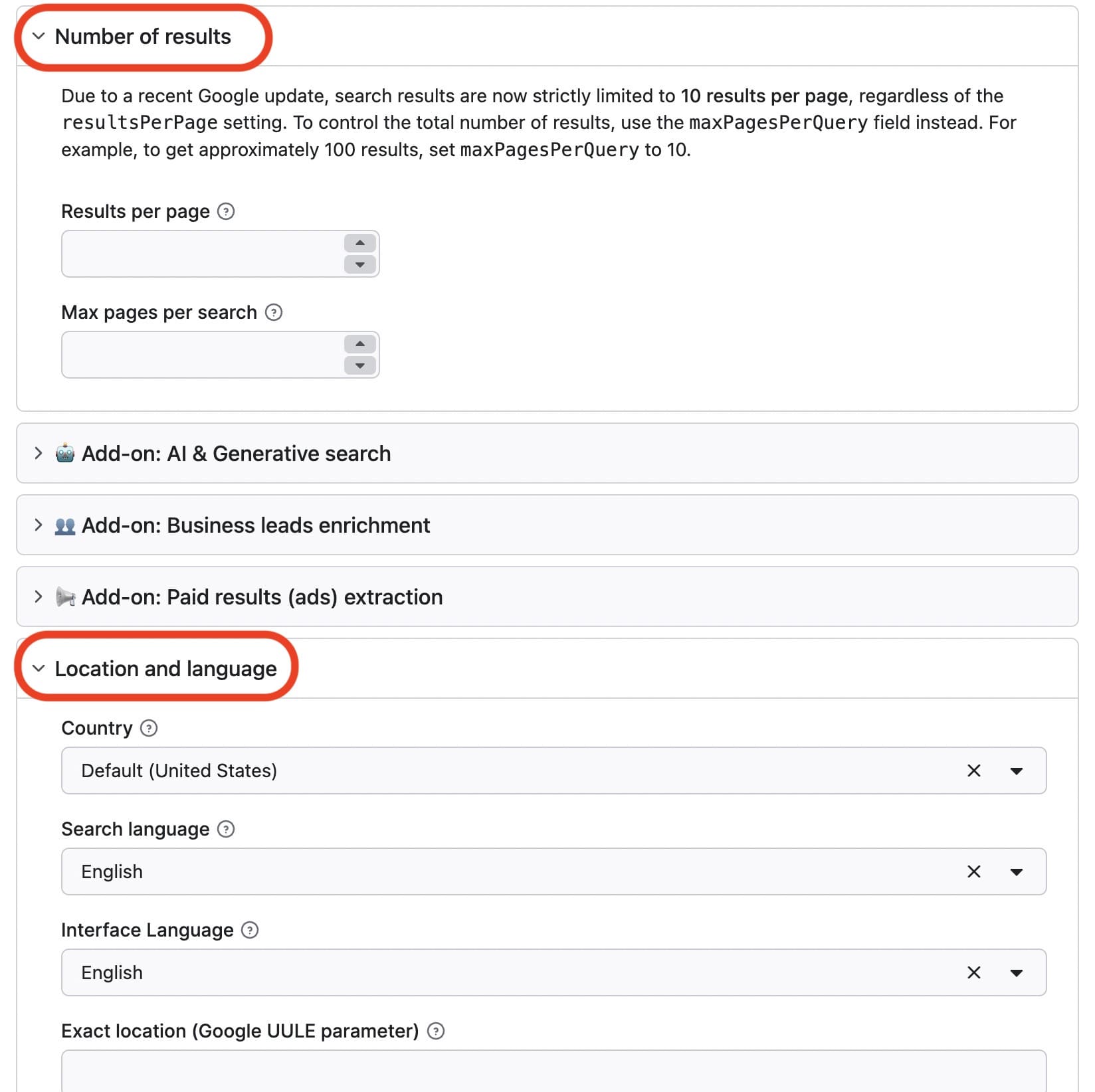 Choose number of results, location, and language