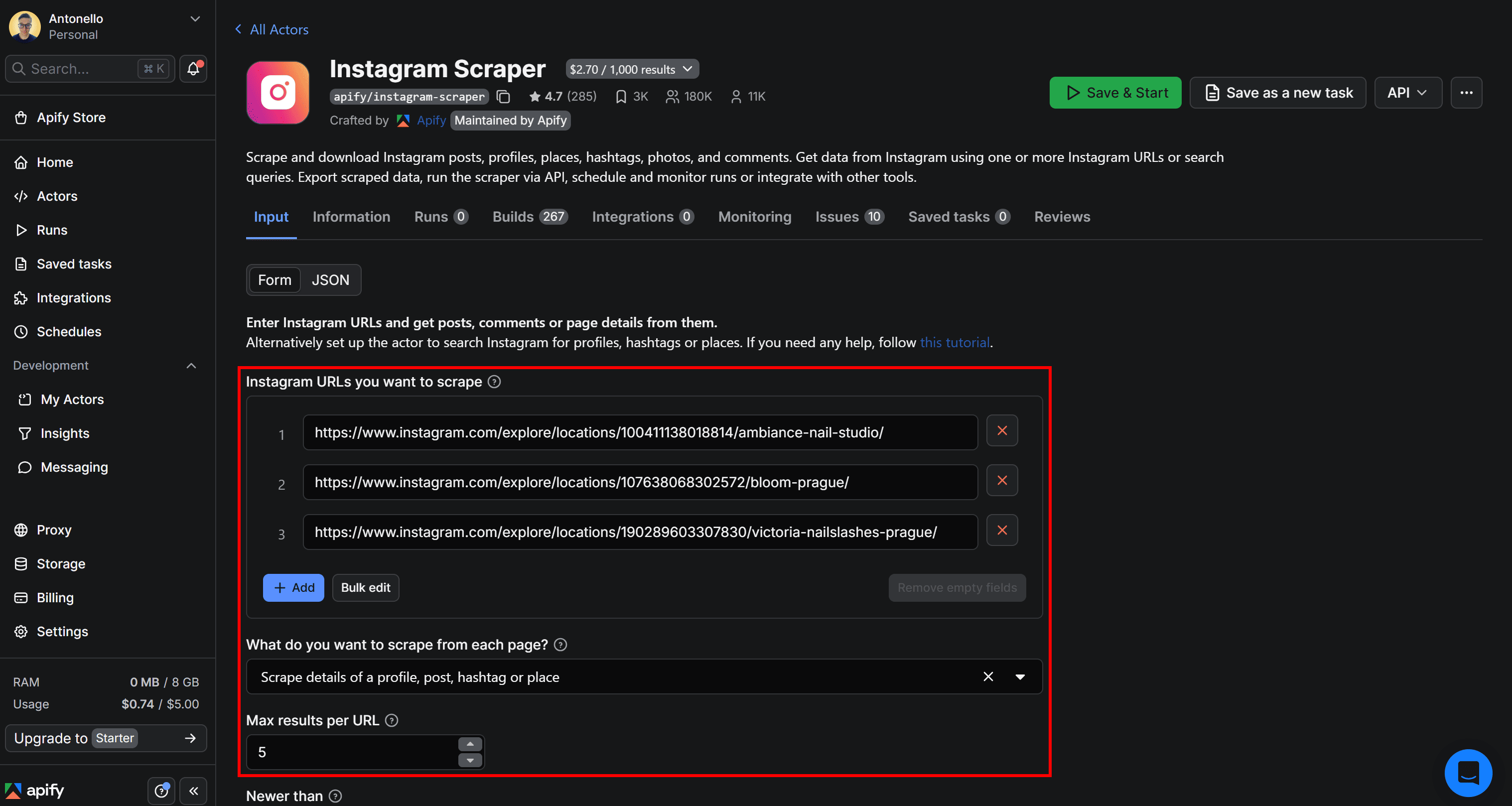 Configuring the Instagram Scraper Actor