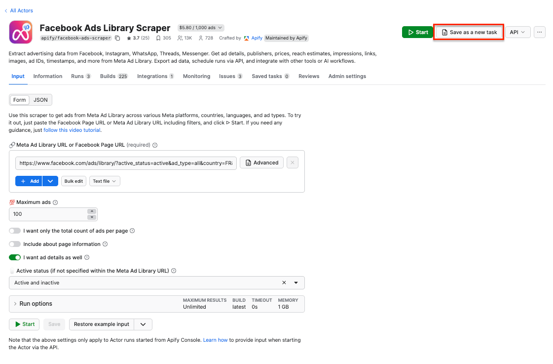 Save a new task for Facebook Ads Library Scraper