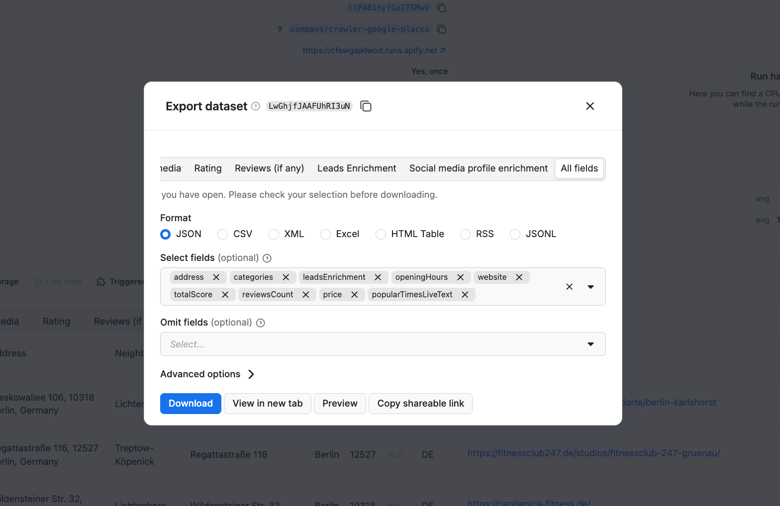 Exporting scraped results