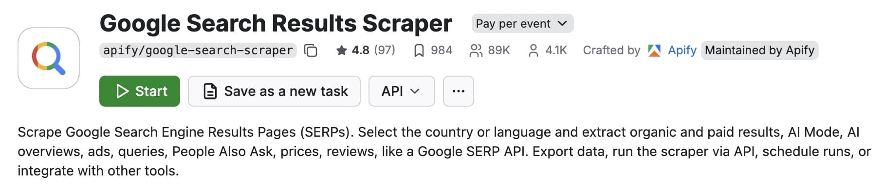 Google Search Results Scraper on Apify Store