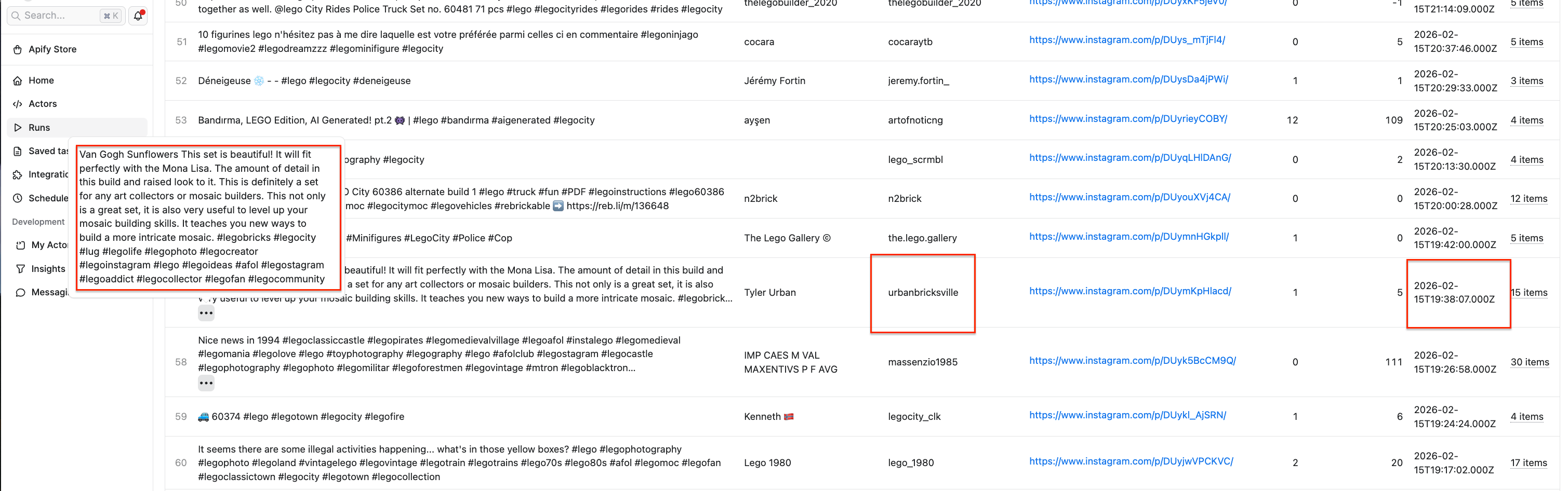 Scraped posts and reels in a preview table