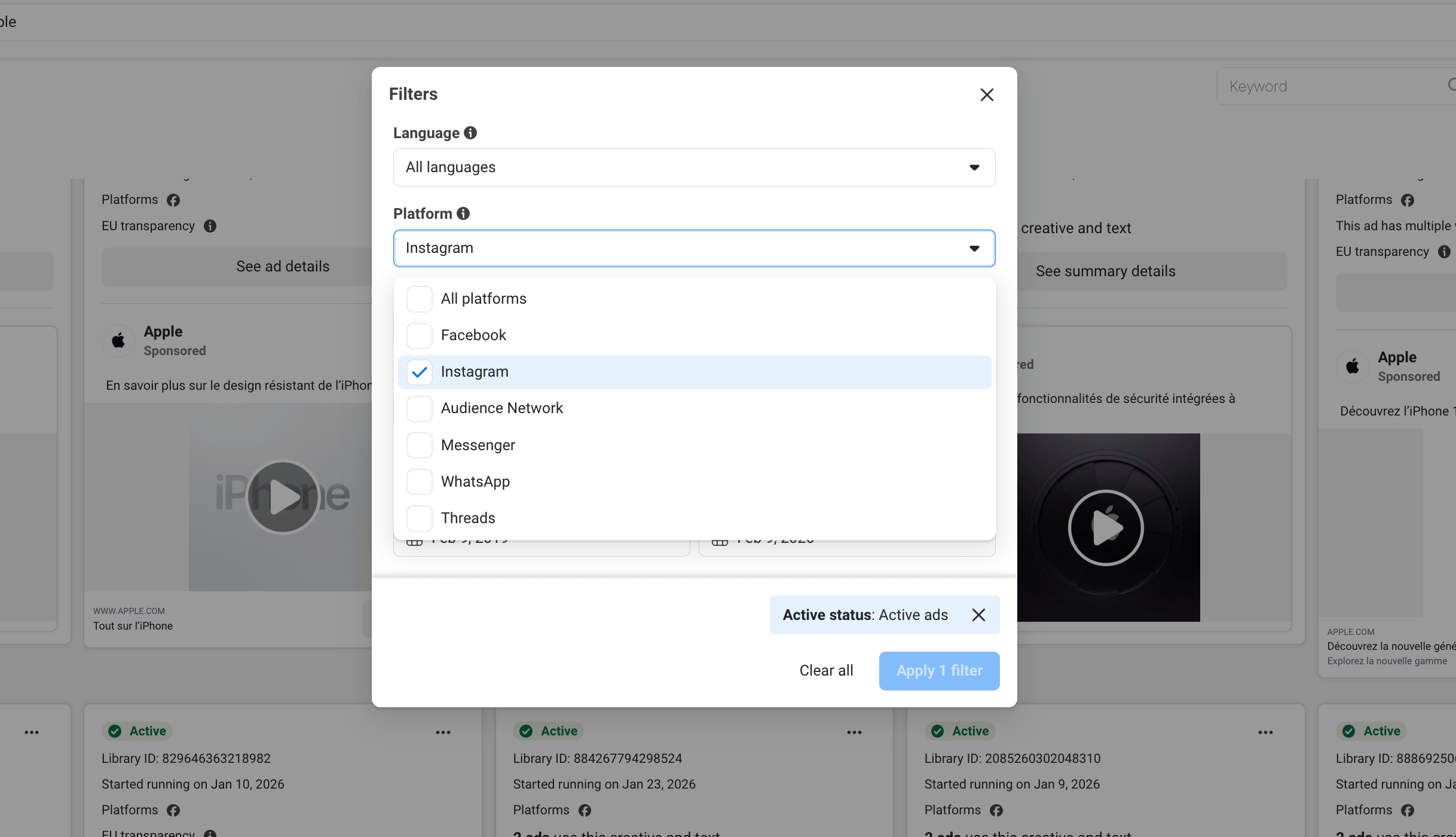 Selecting filters on Meta Ads Library