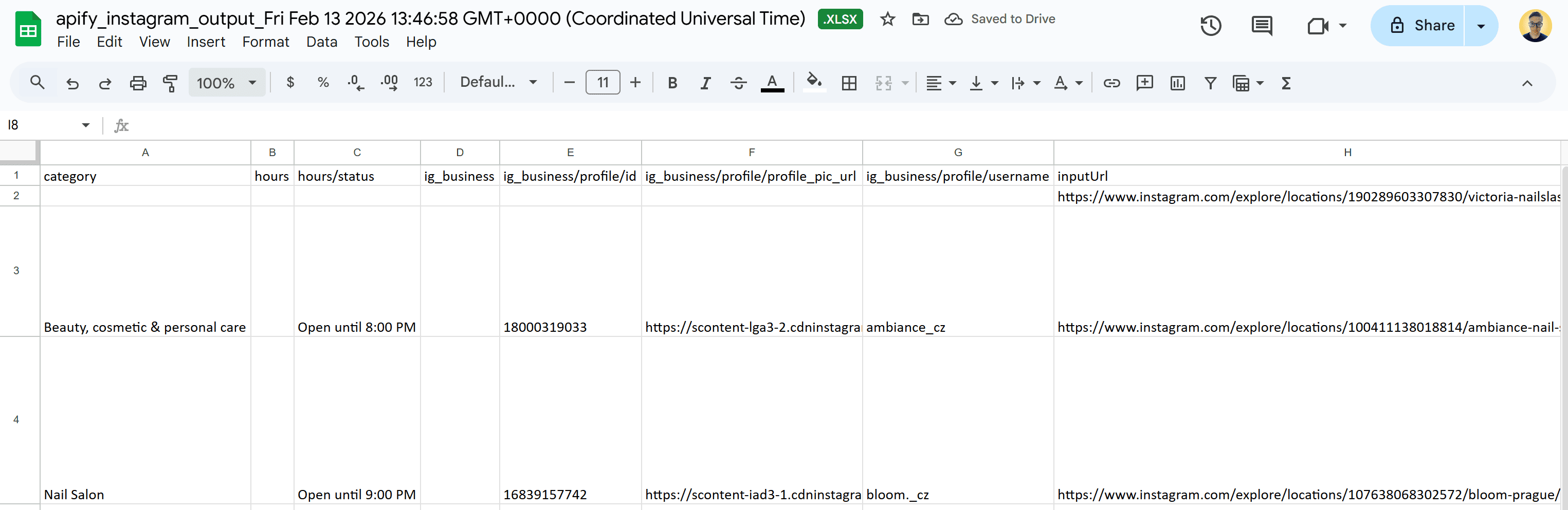 Note the Instagram location-based scraped data in XLSX format