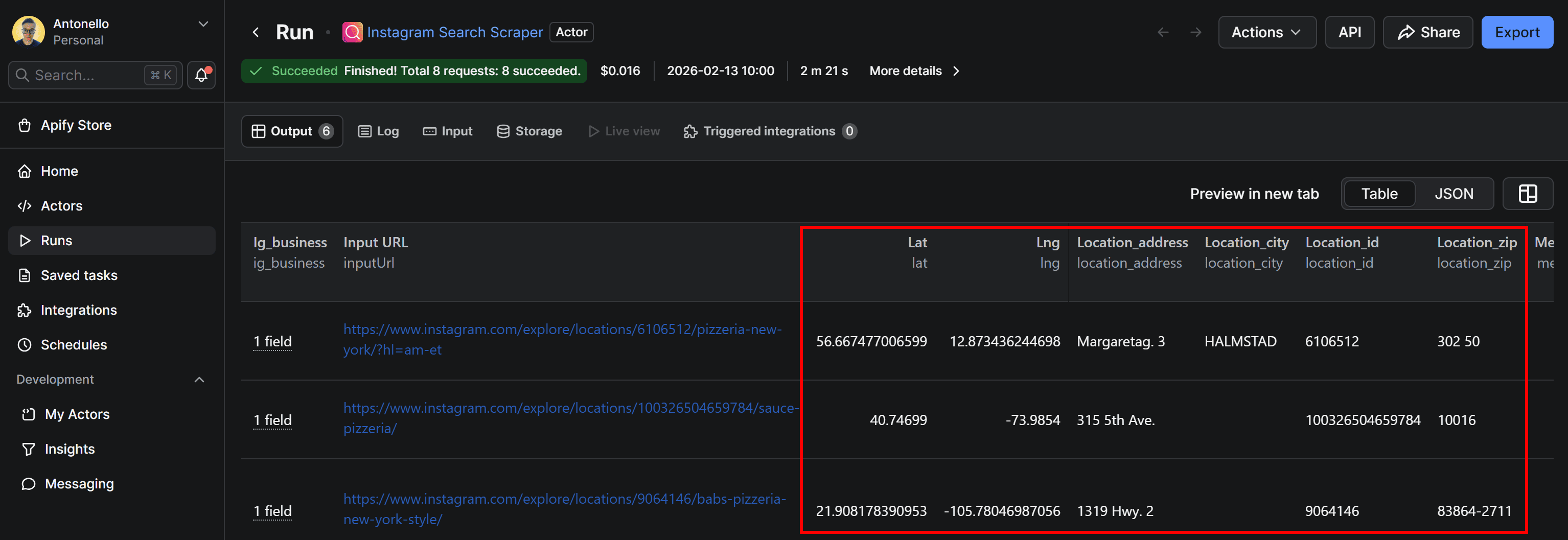 Note the Instagram location data scraped by the Actor