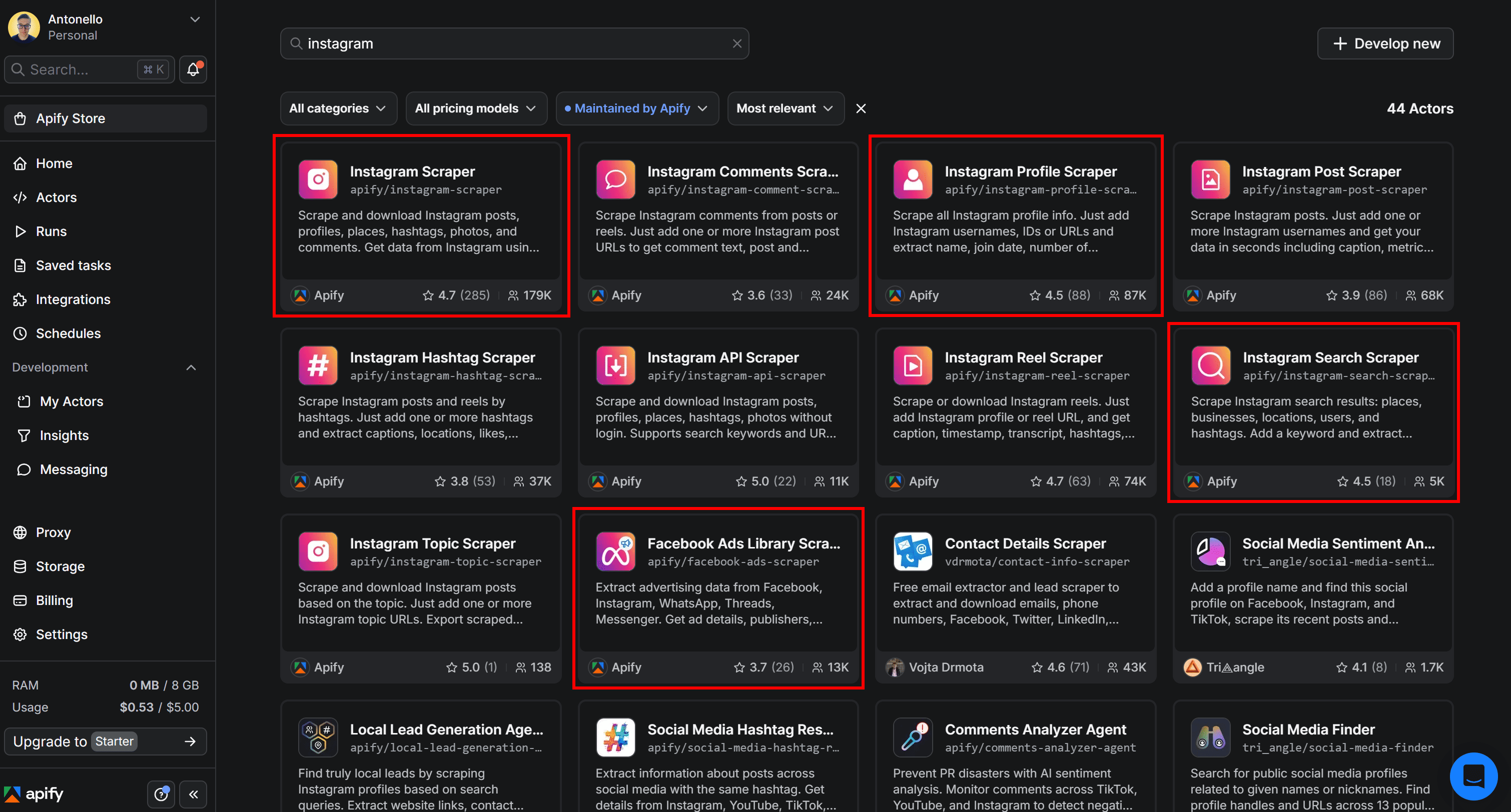 Note the four Actors for Instagram location scraping