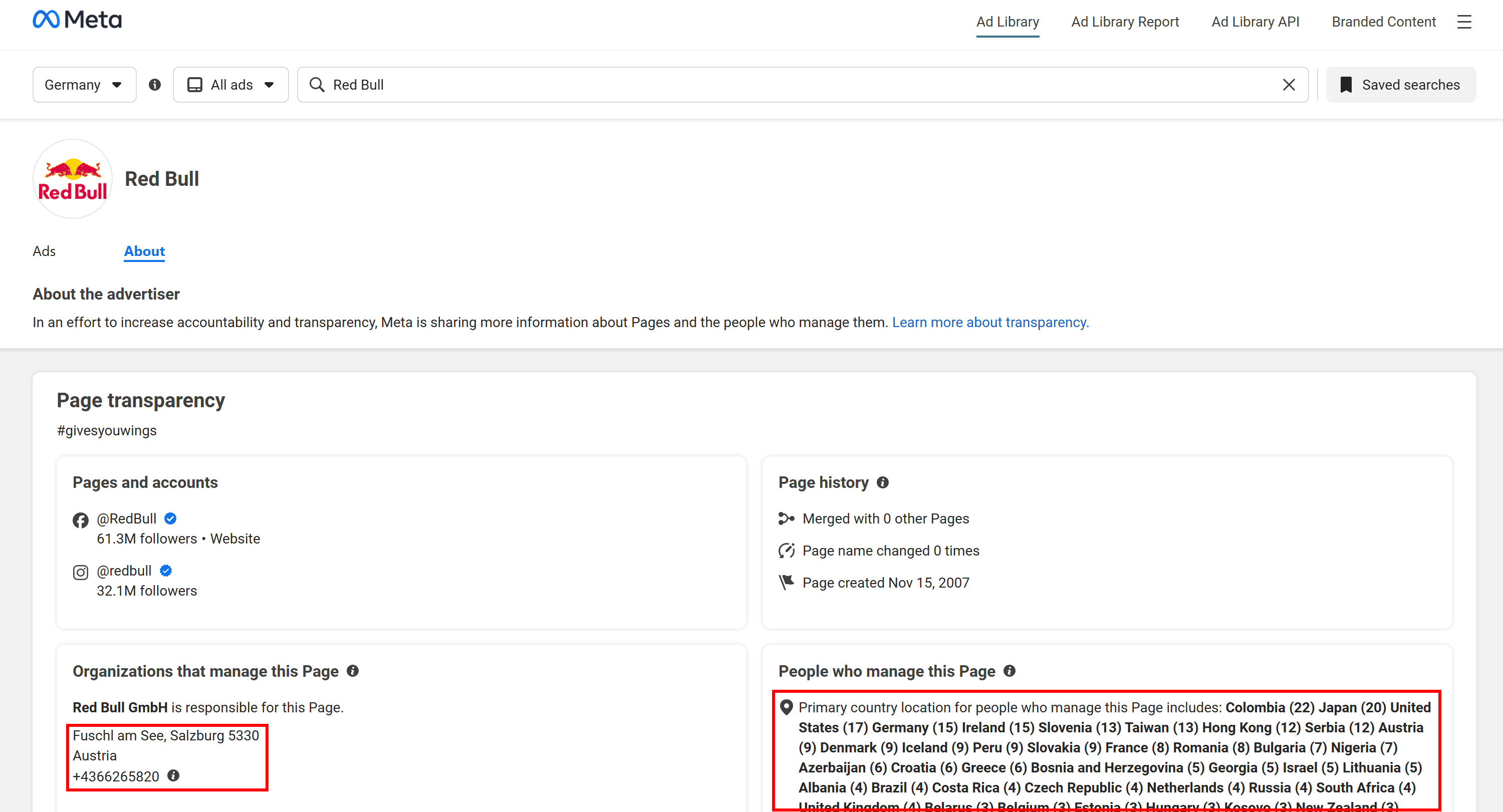 Note the location information on the “About” page