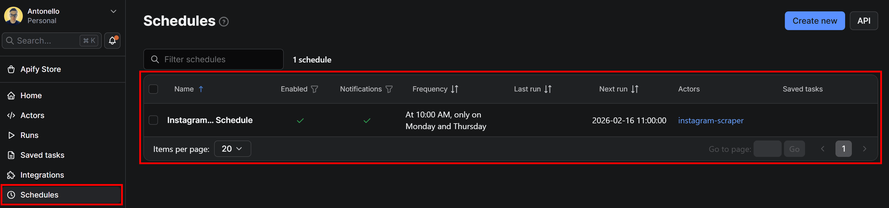 Note the scheduled run