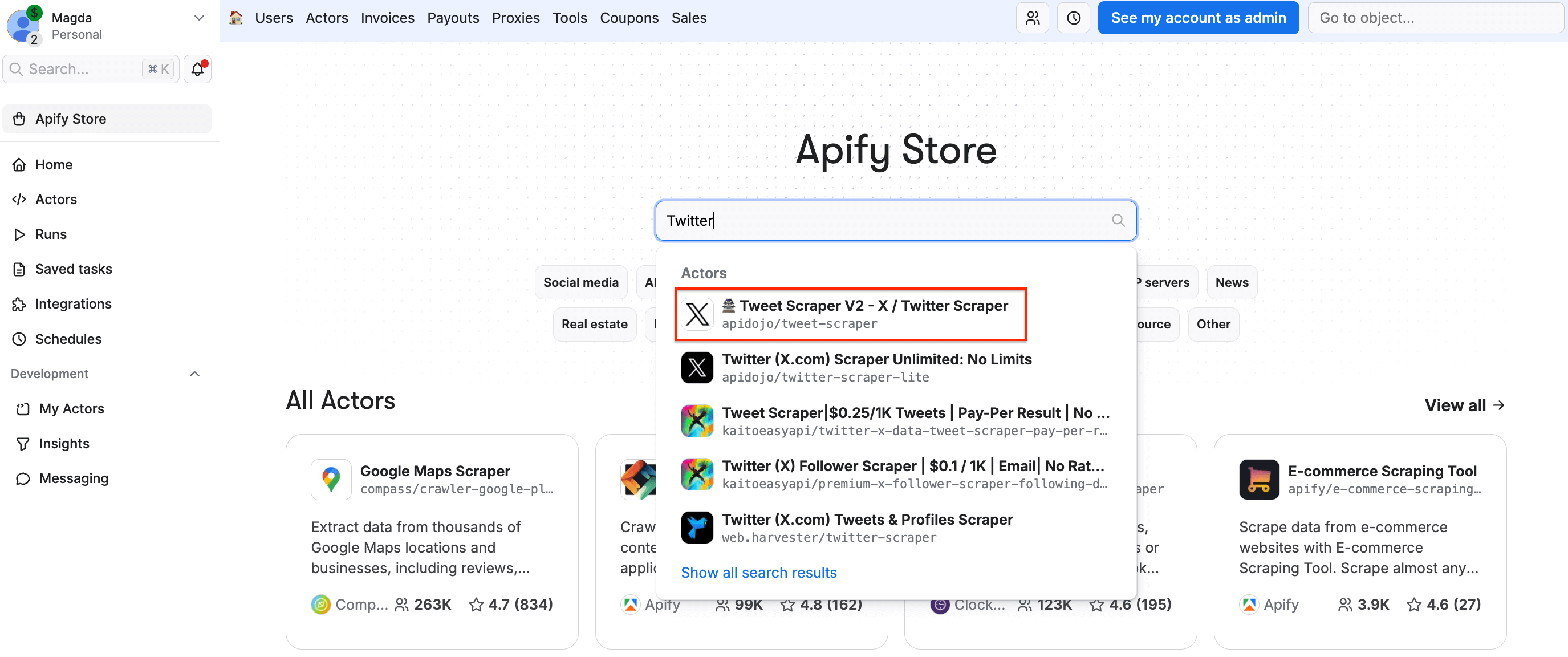 Select Twitter Scraper from the list 