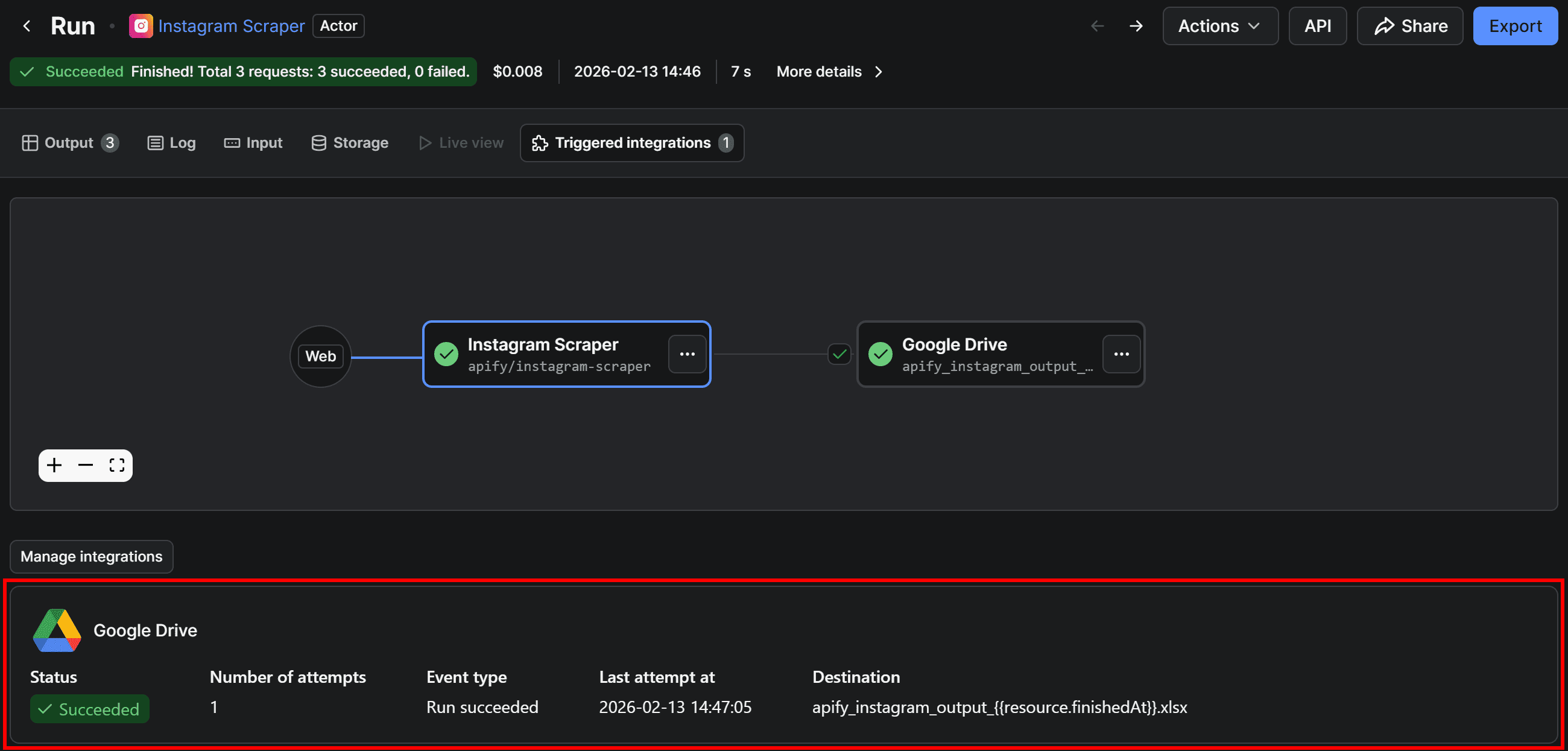 The Google Drive integration ran successfully