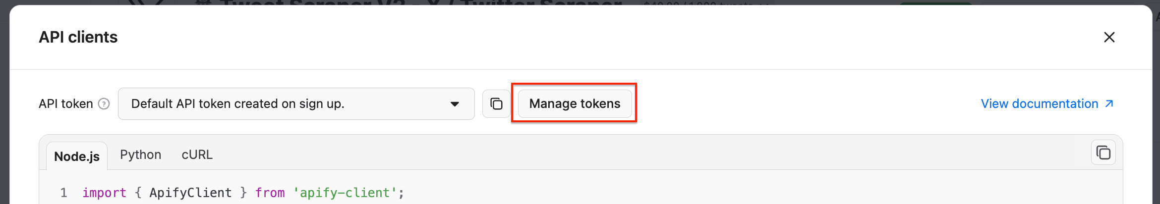 Apify Console - Manage tokens button 