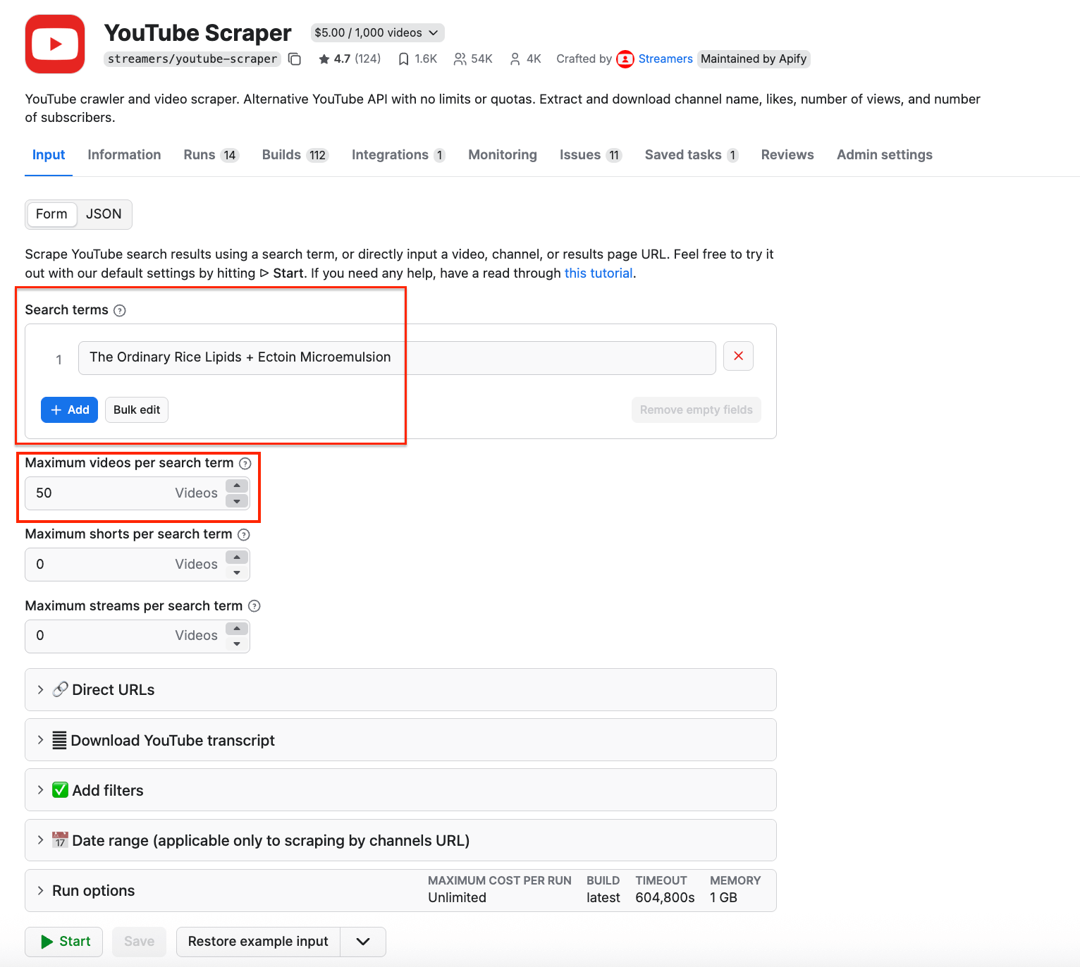 YouTube Scraper UI - input 