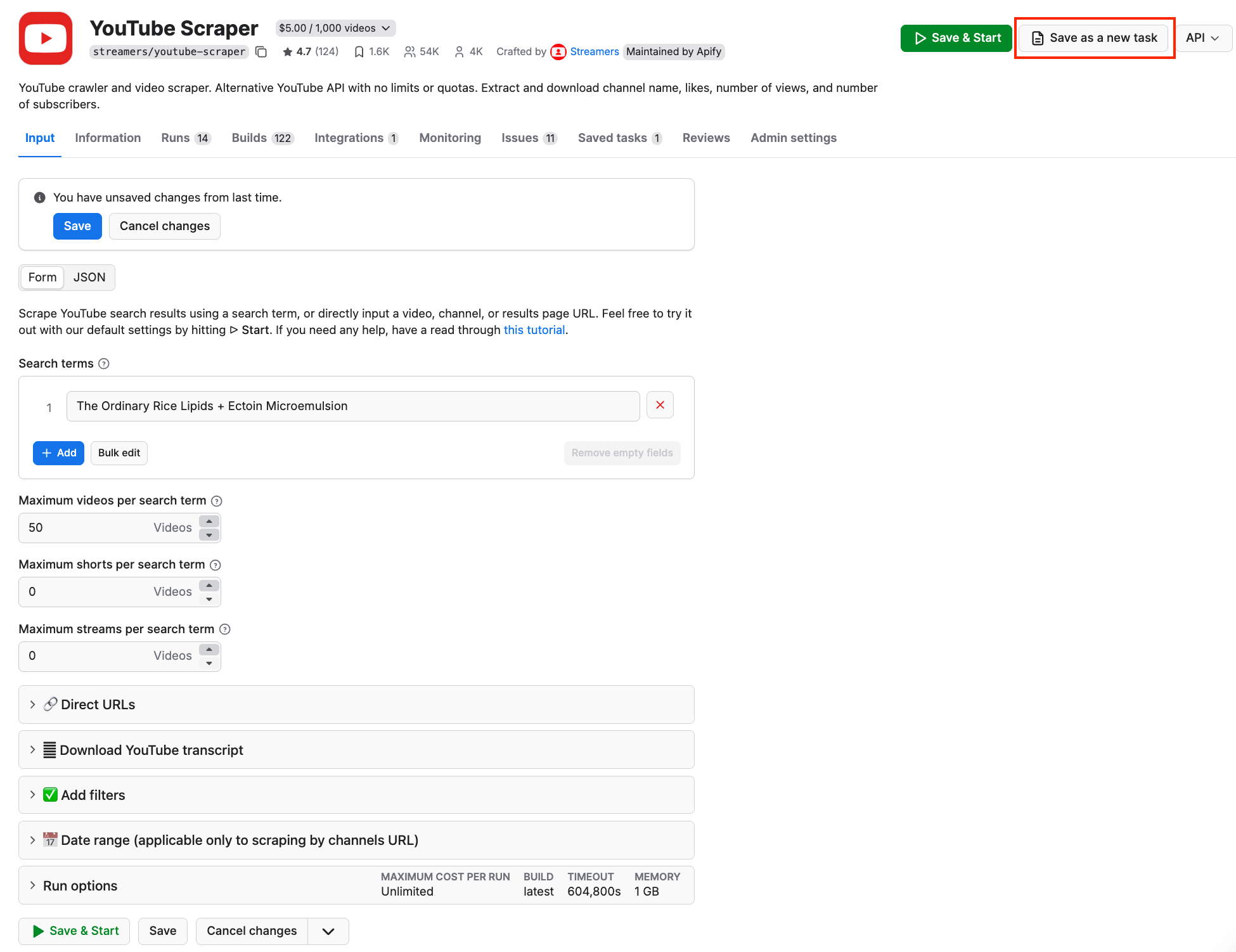 Save the run as a new task Apify Console 