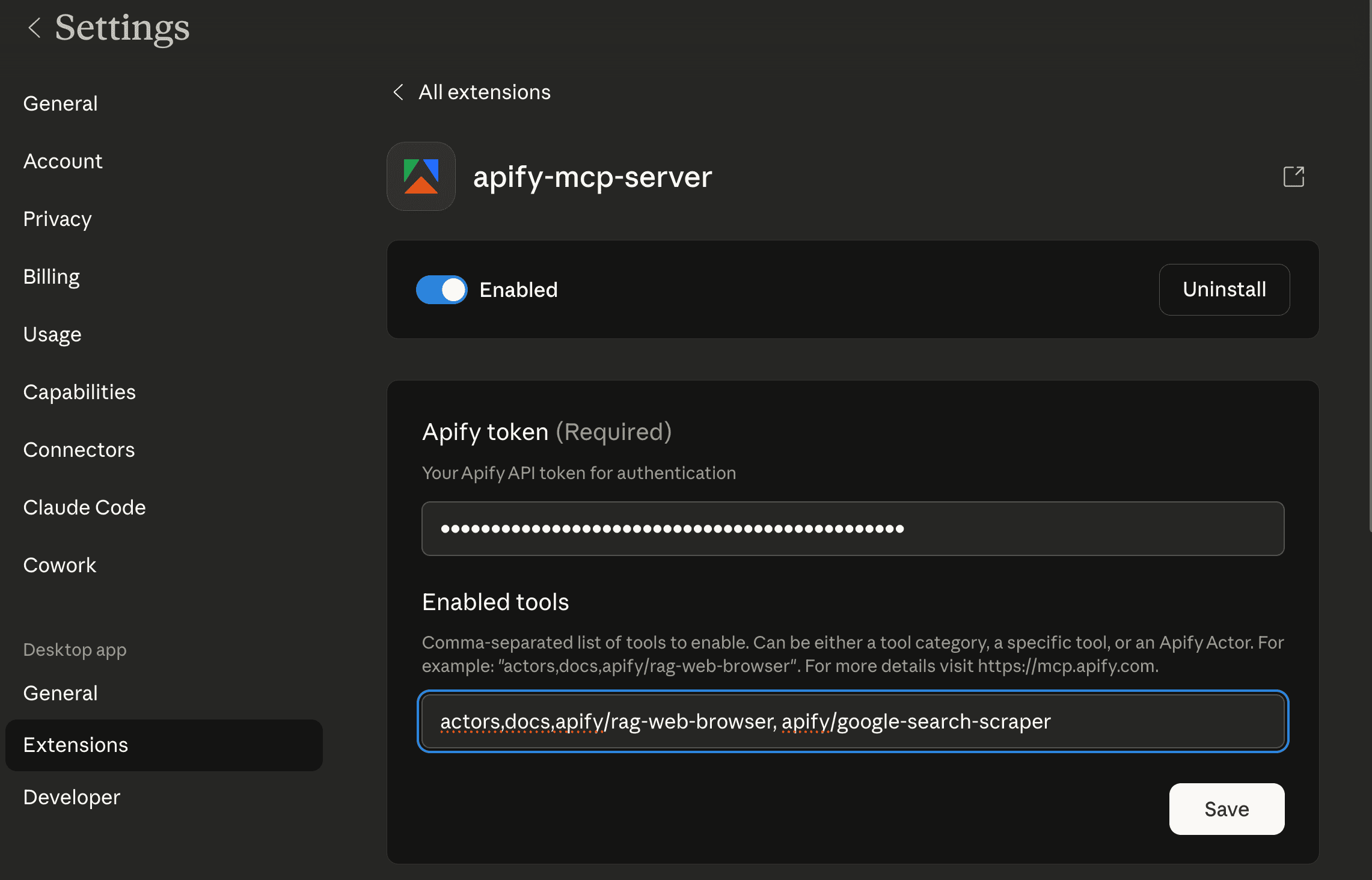 Apify MCP Server Enable tools field