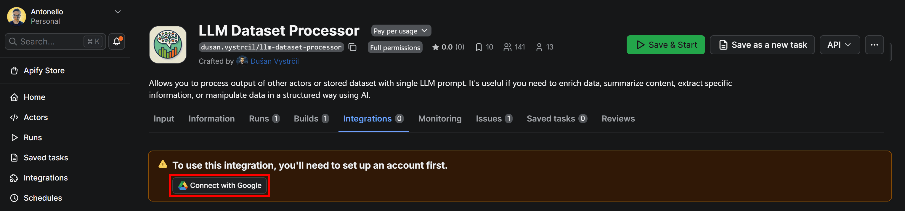 Clicking the Connect with Google button