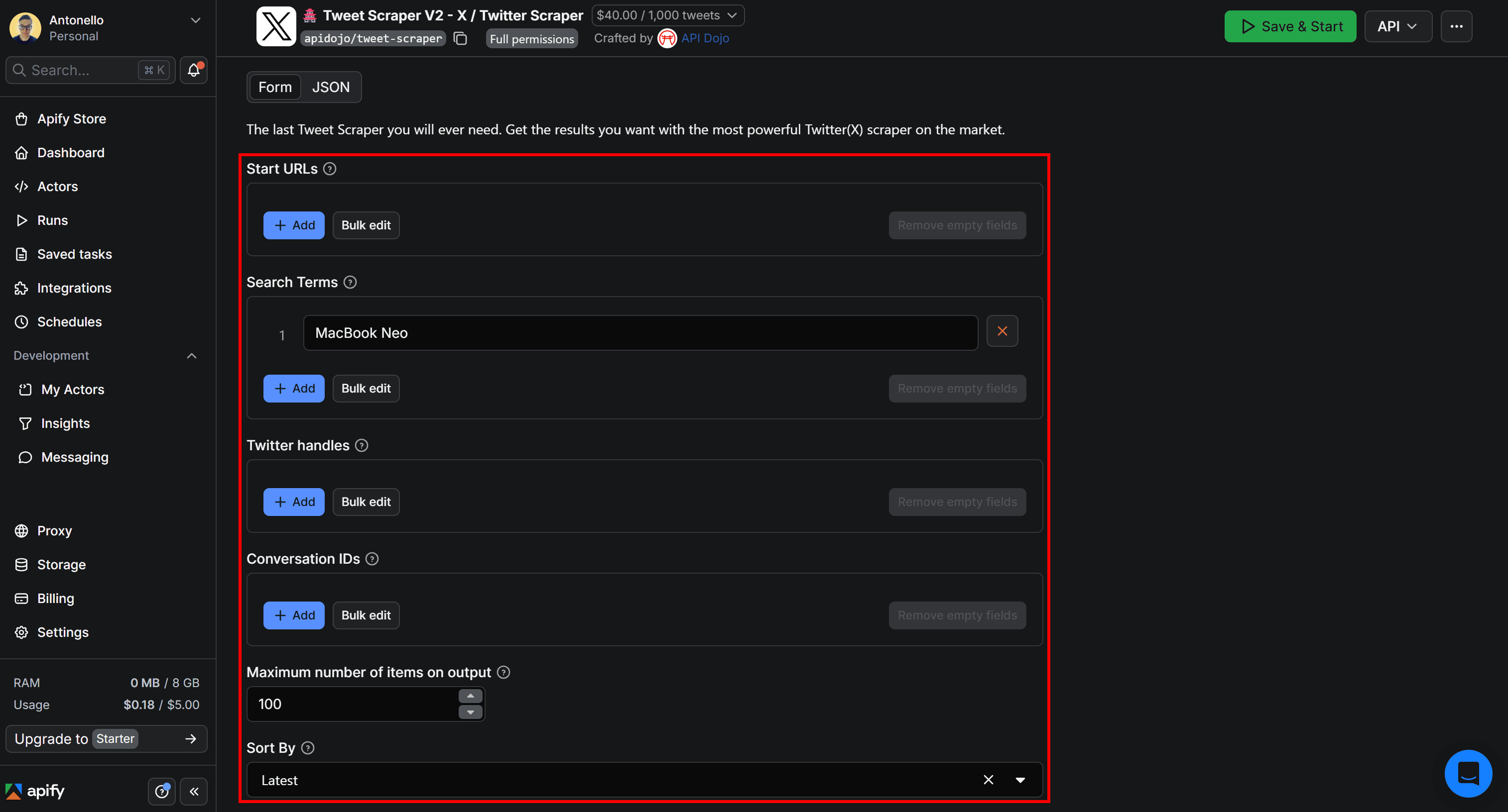 Configuring the “Tweet Scraper V2 – X / Twitter Scraper“ Actor