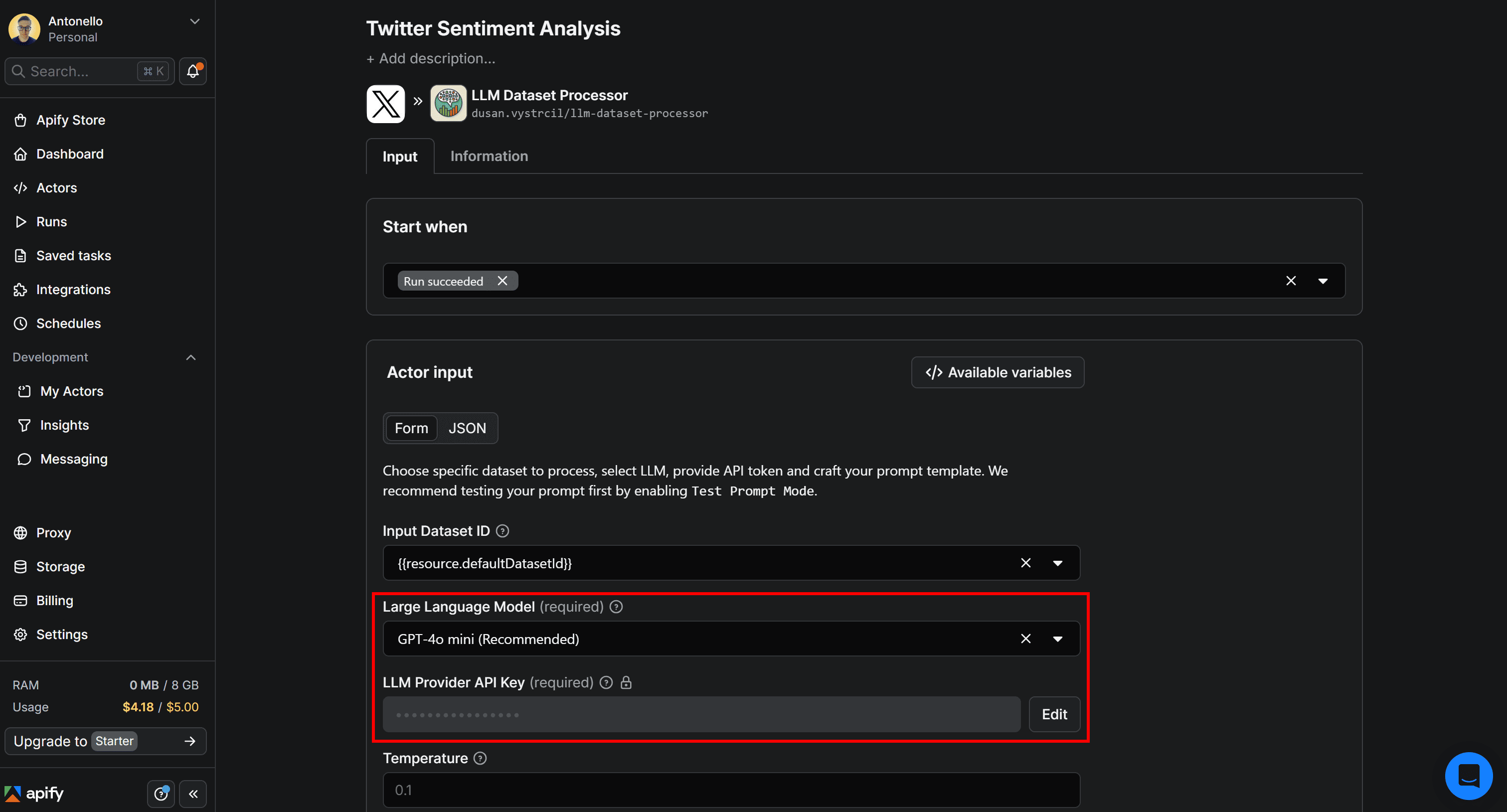 Configuring the model and LLM provider API key