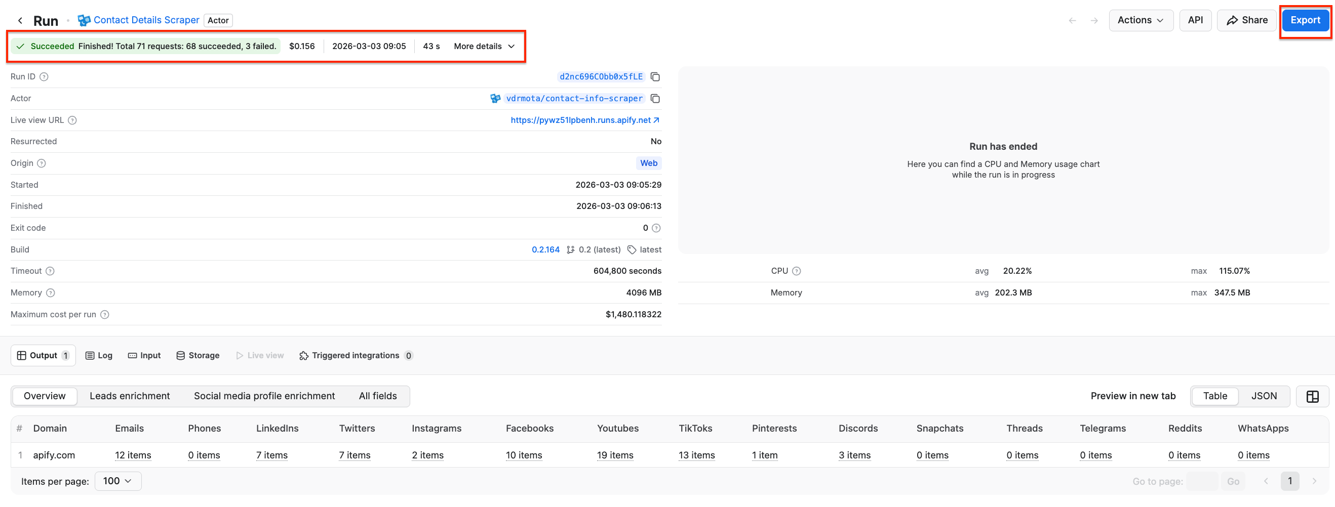 Demo run for Contact Details Scraper