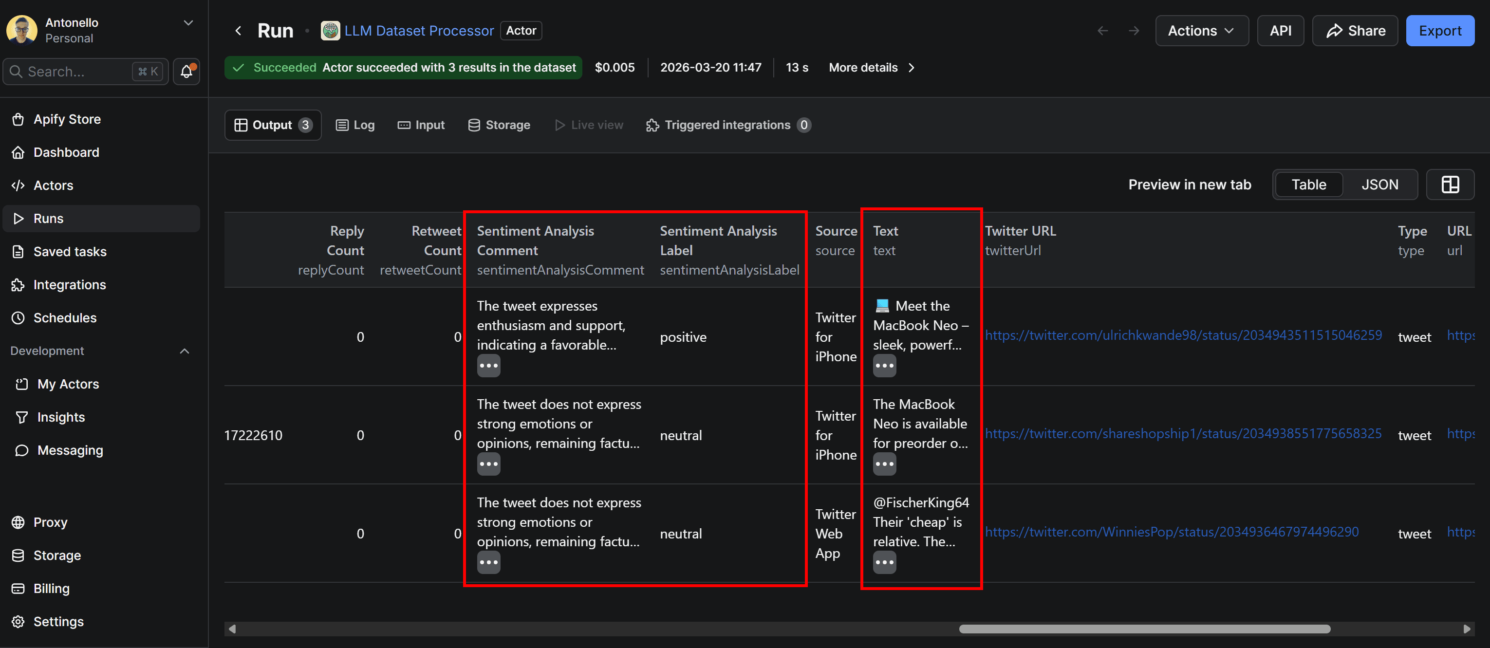 Note the sentimentAnalysisLabel and sentimentAnalysisComment for sentiment analysis based on the text field