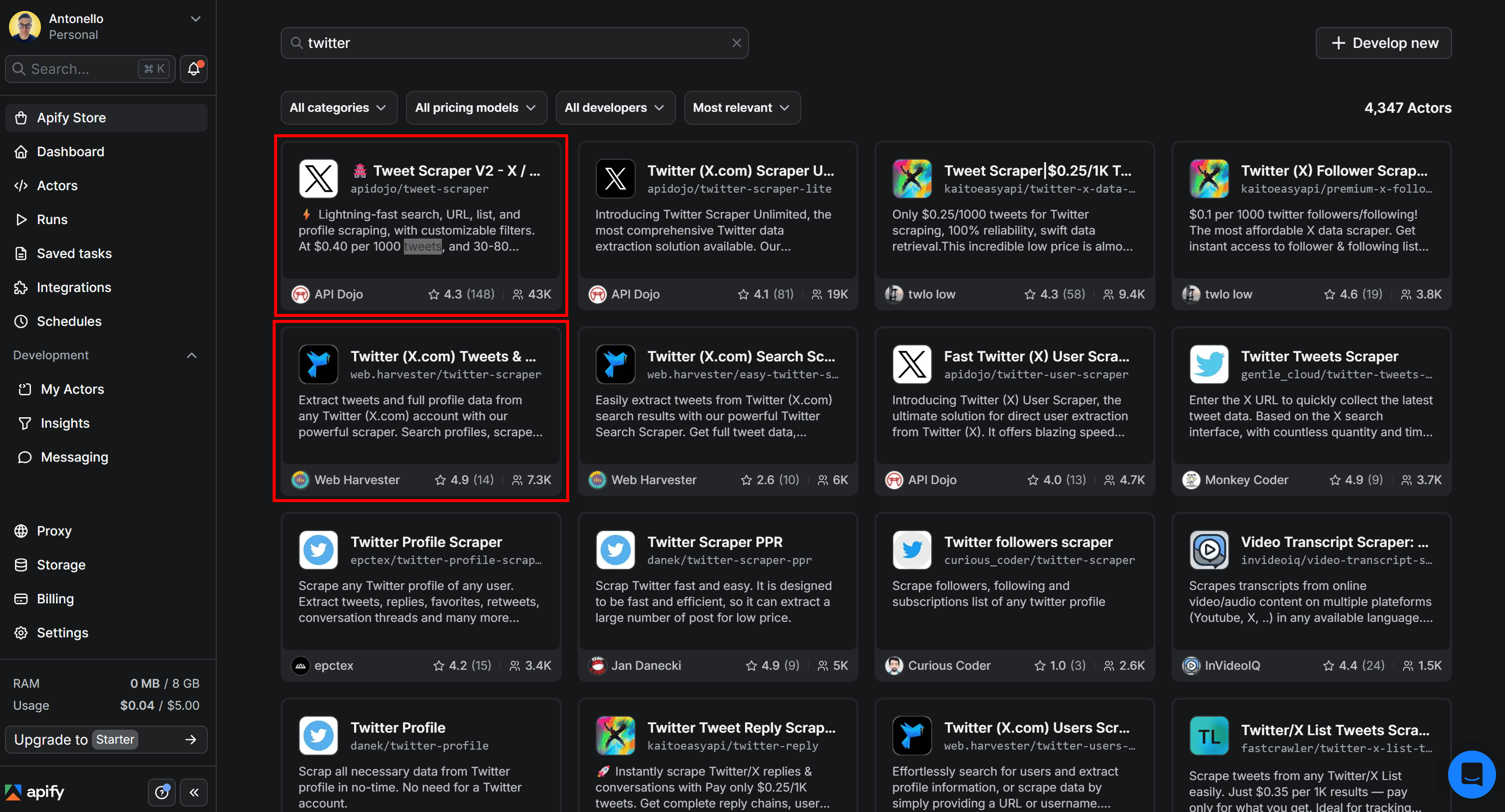 Note the two Actors to get Twitter data for sentiment analysis
