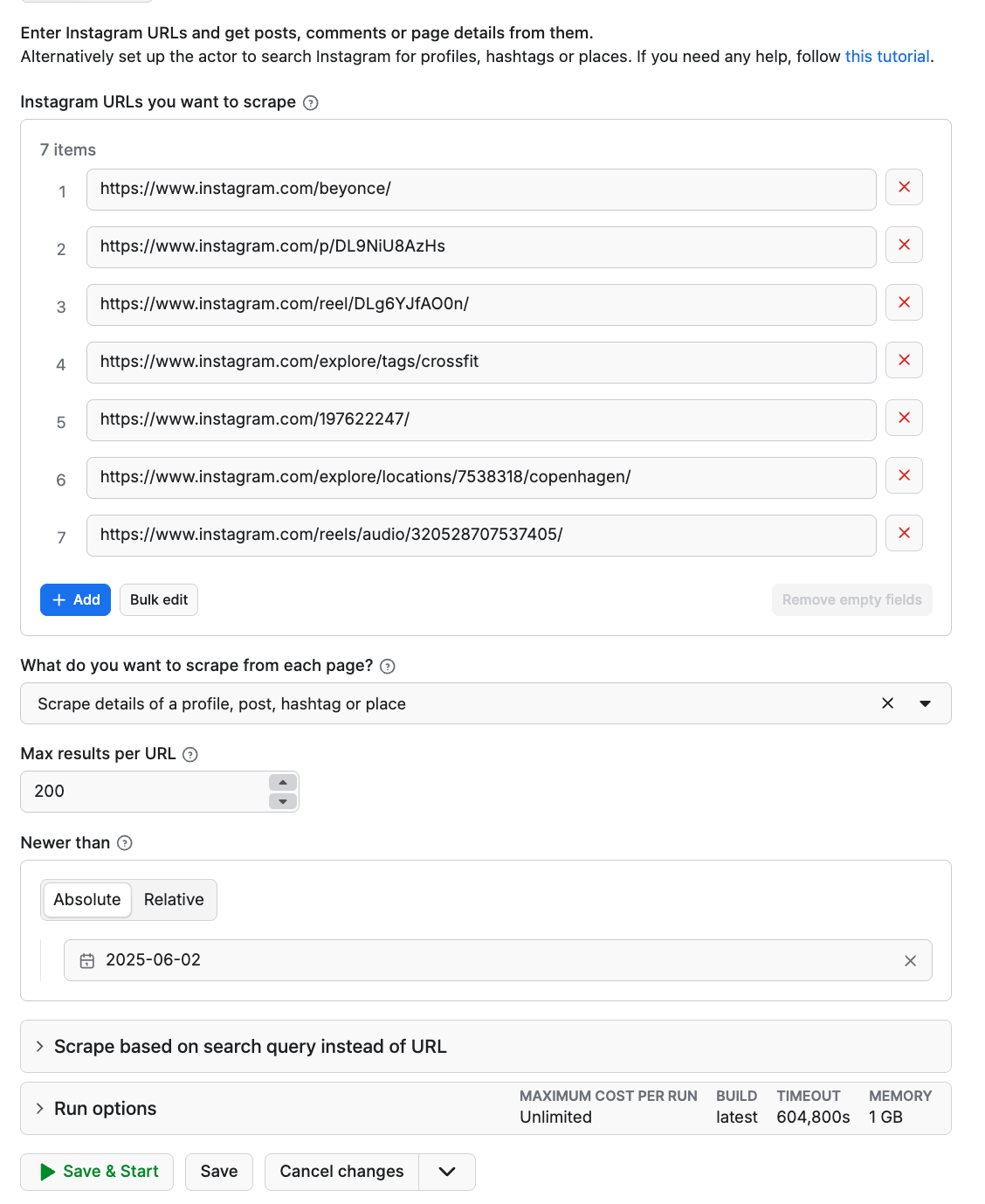 Add the Instagram URLs you want to scraper