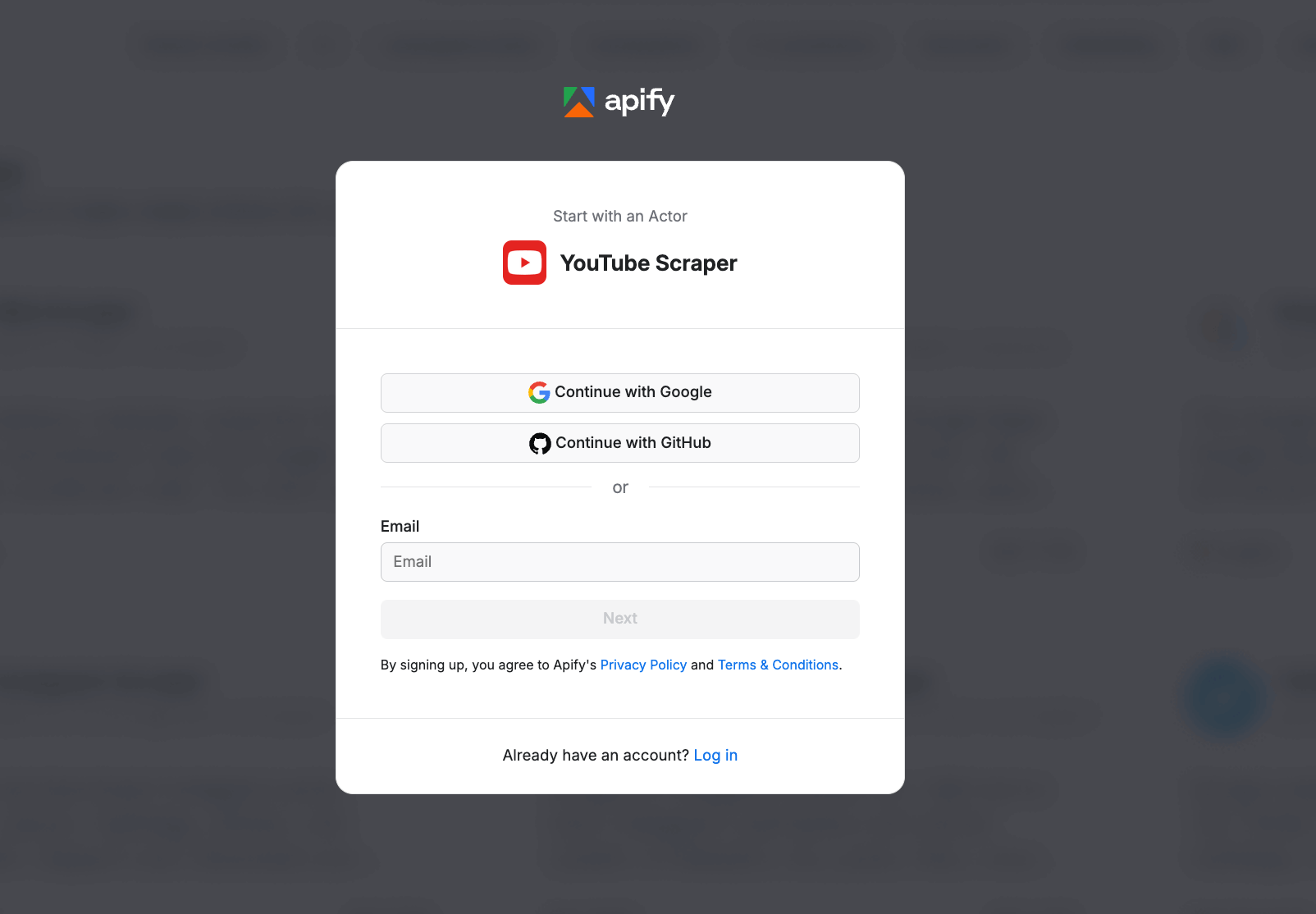 Apify YouTube Scraper signup page