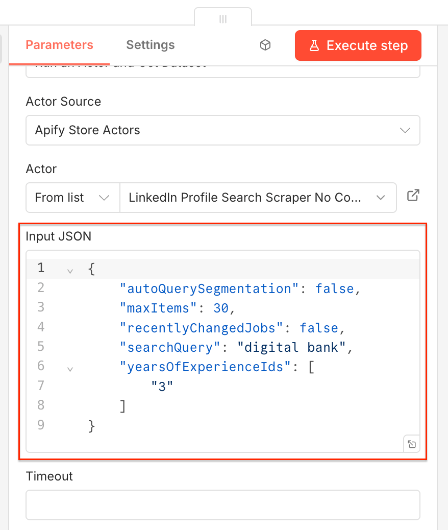 n8n input for the LinkedIn scraper in JSON