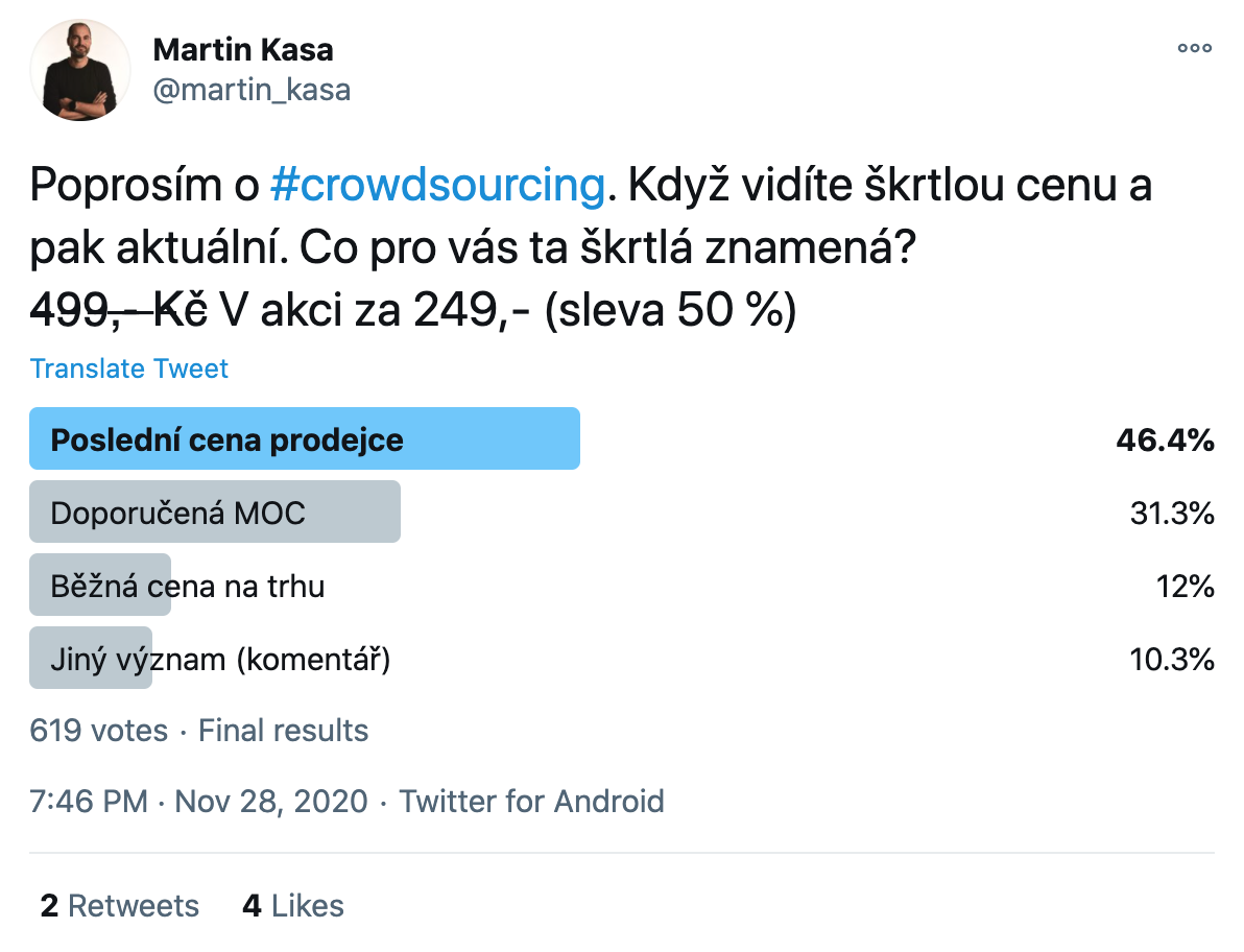 screenshot of a Twitter poll on what users understand by a crossed-out price in e-shops (the "seller's last price" wins)