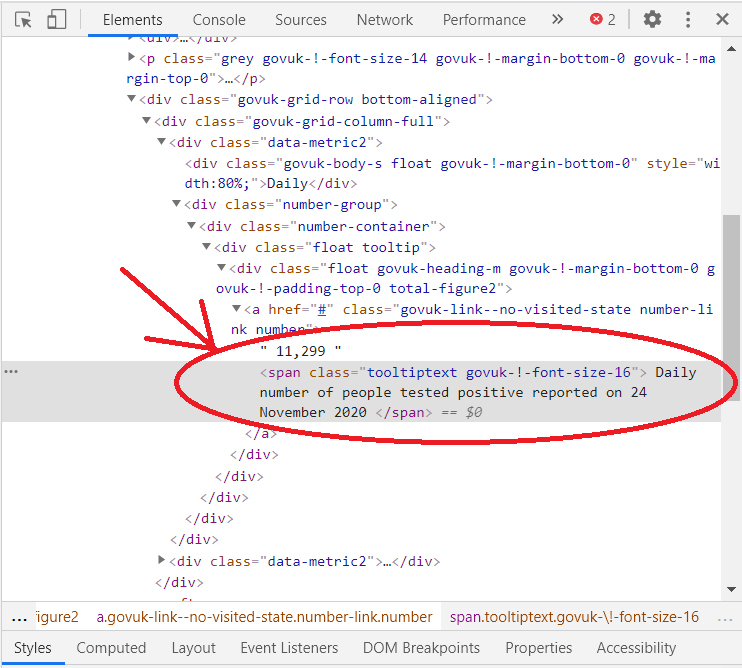 screenshot of a highlighted HTML class in the website's source code
