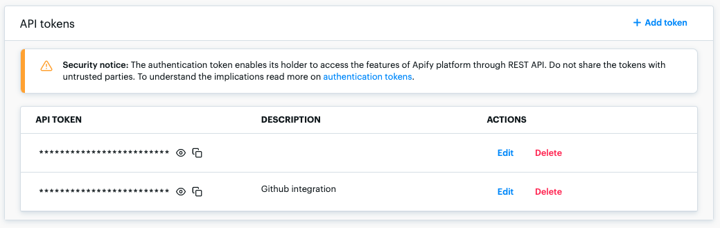 Api tokens on apify platform.