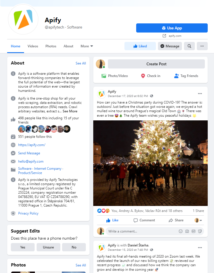 Apify facebook home page.