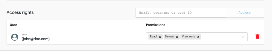 screenshot of Access rights on Apify Console with a user having "Read", "Delete" and "View runs" permissions assigned
