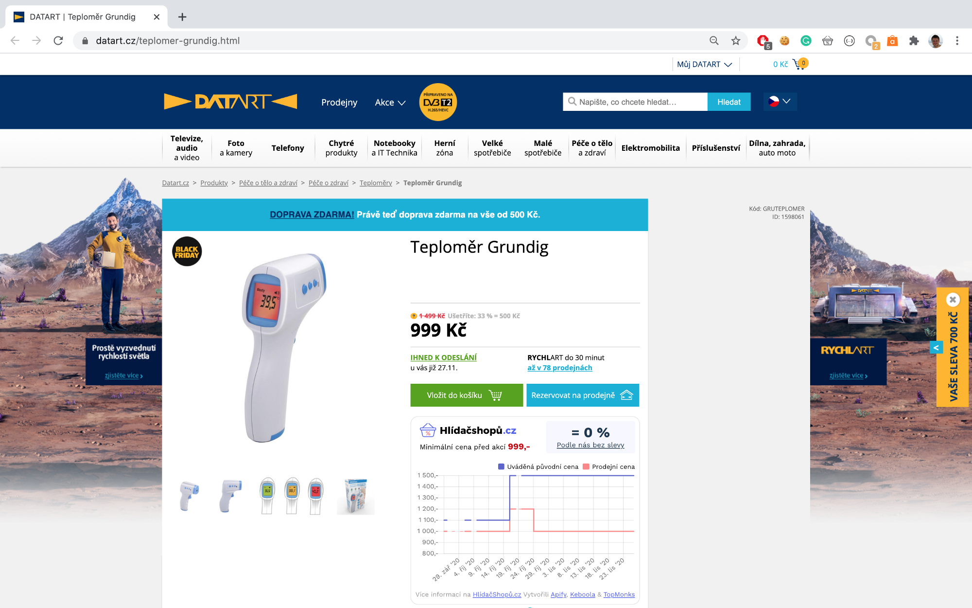 screenshot of a thermometer on sale at datart.cz from 1499 CZK to 999 CZK