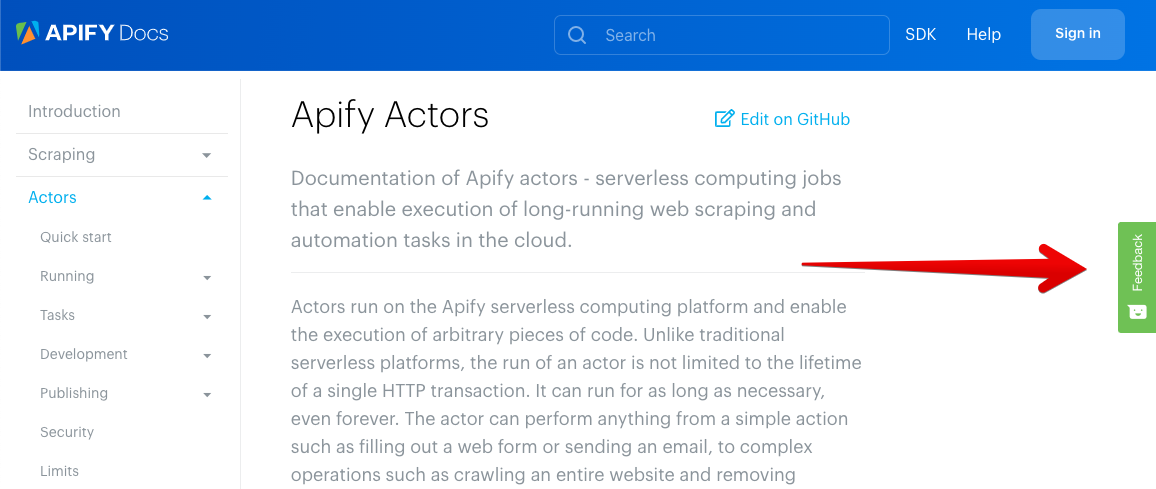 Apify docs page with documentation for its actors.