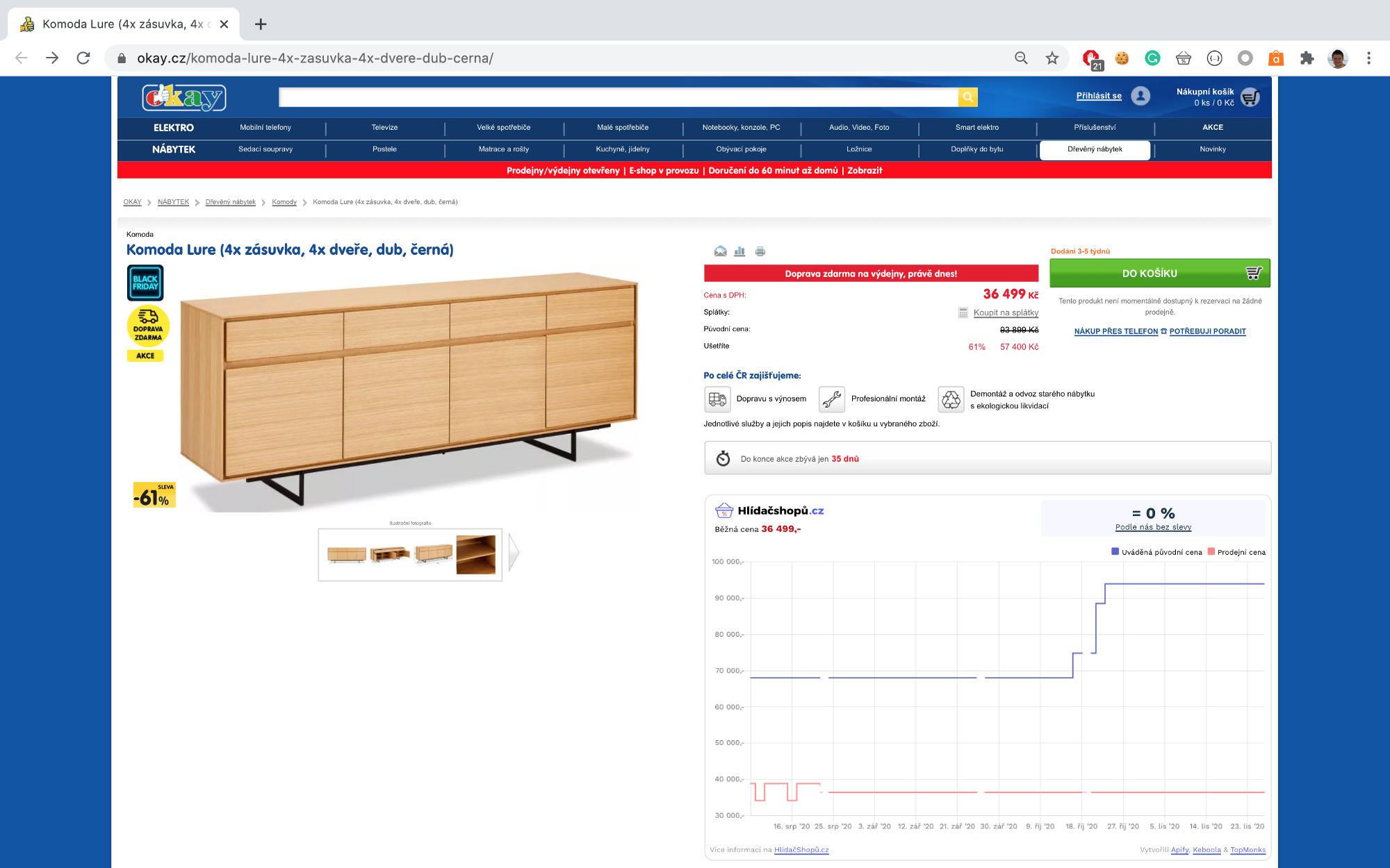 screenshot of a chest of drawers on sale at okay.cz from 93,800 CZK to 36,499 CZK