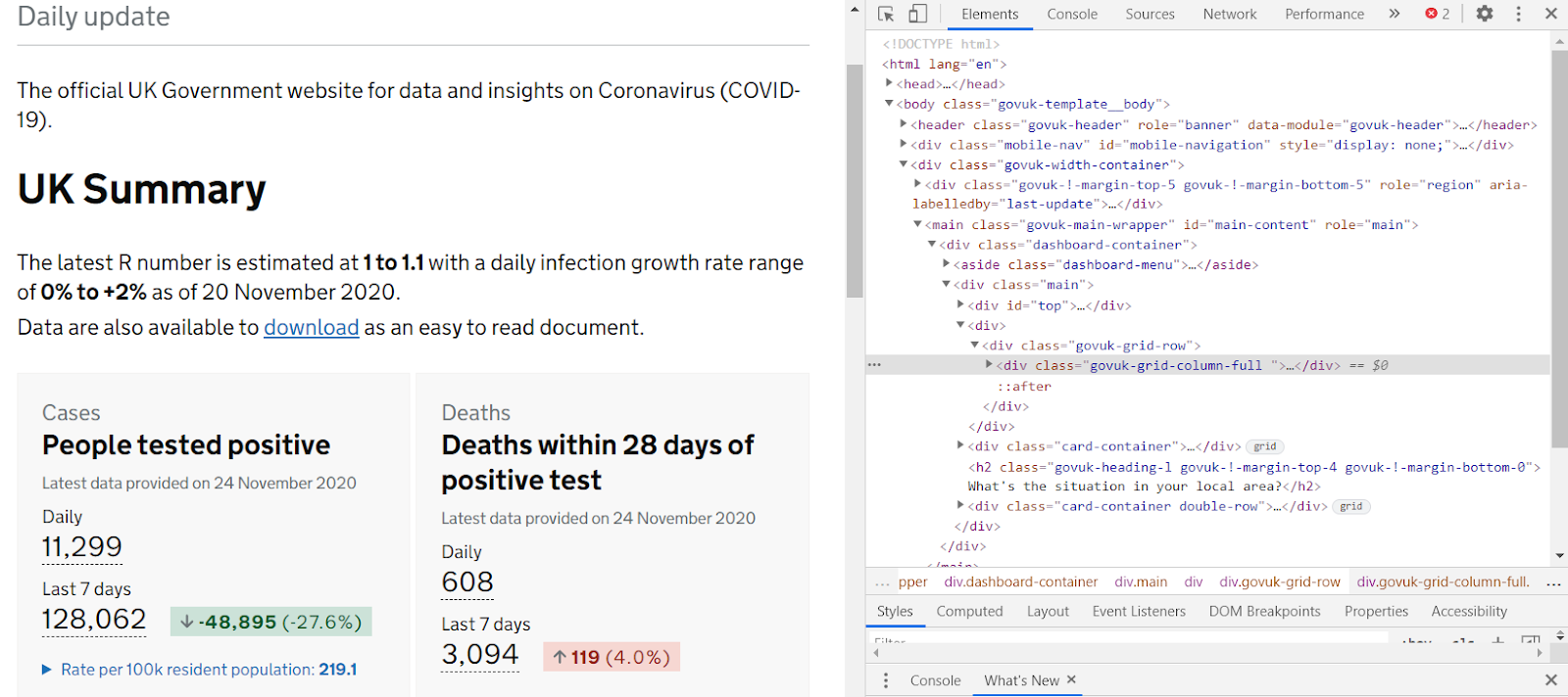 screenshot of the source code of the coronavirus.data.gov.uk website