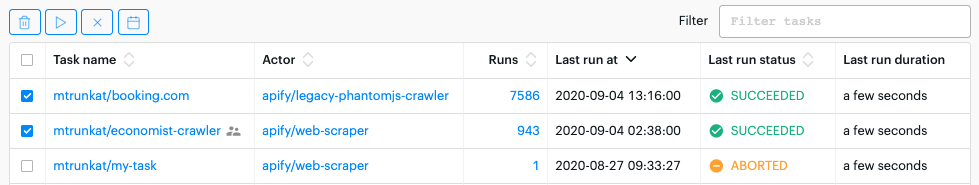 Table with details about previous task runs on apify.