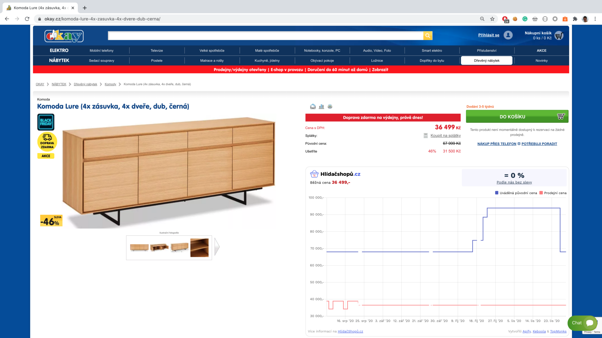 screenshot of a chest of drawers on sale at okay.cz from 67,999 CZK to 36,499 CZK