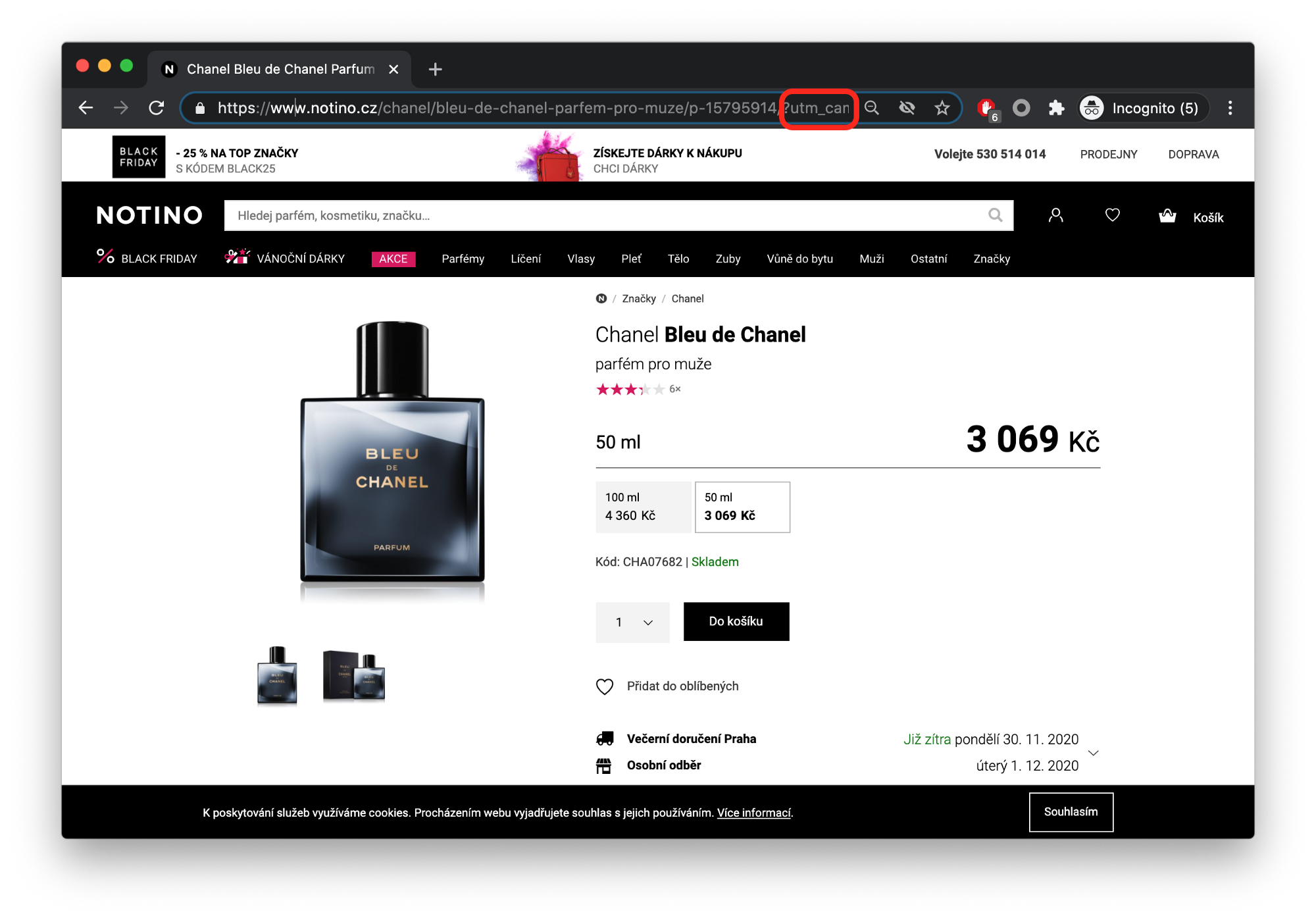 screenshot of a perfume at notino.cz for the price of CZK 3,069