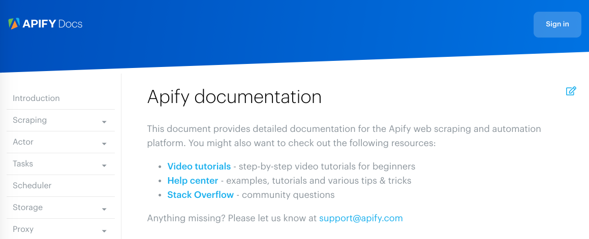 screenshot of Apify documentation page header